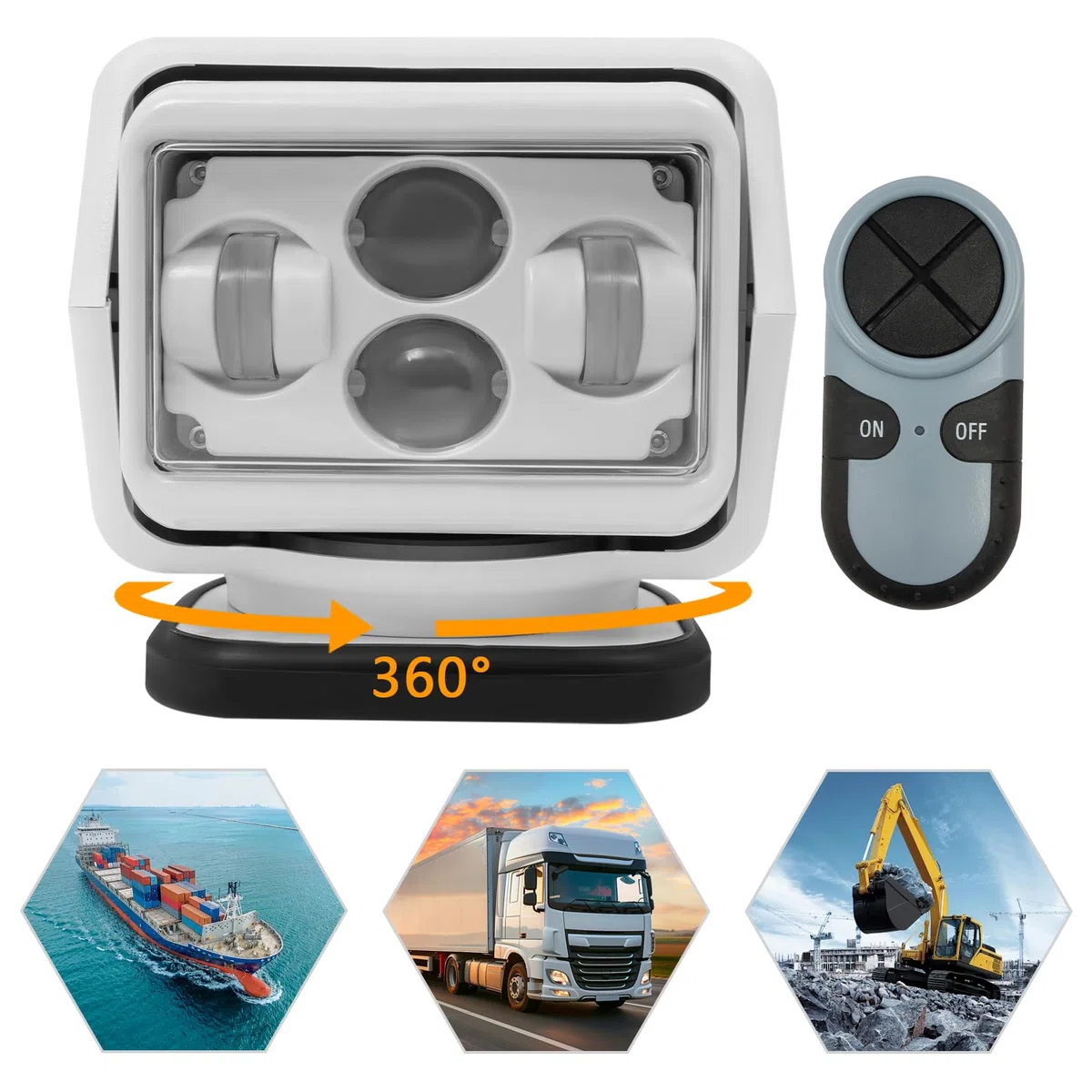 Faro di ricerca a LED per barca, portatile, 60 W, flusso luminoso: 8000 lm, girevole a 360°, illuminazione navale, IP67, per esterni, barca, camion, auto