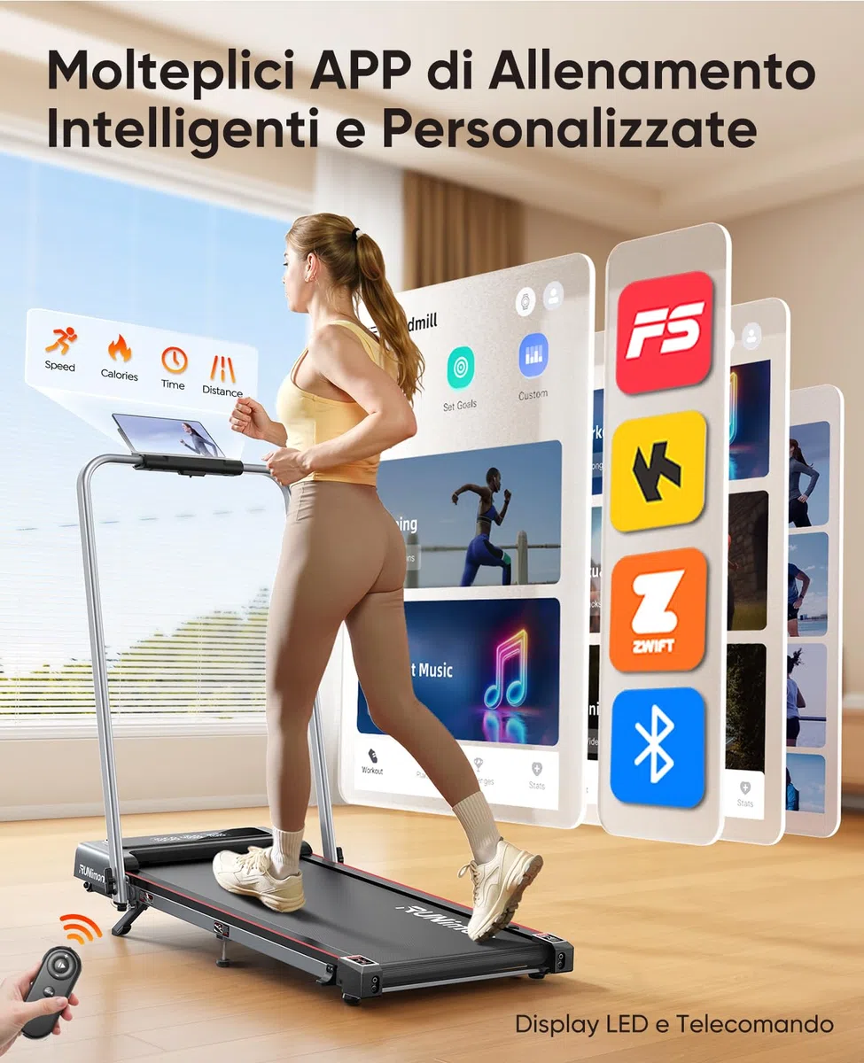 Tapis Roulant Elettrico Piehevole, 6 IN 1 Tapis Roulant Salvaspazio, Inclinazione 9%, 12 km/h, 2.5HP, Tapirulan con 2 Display LED, APP, Due Modalità di Controllo