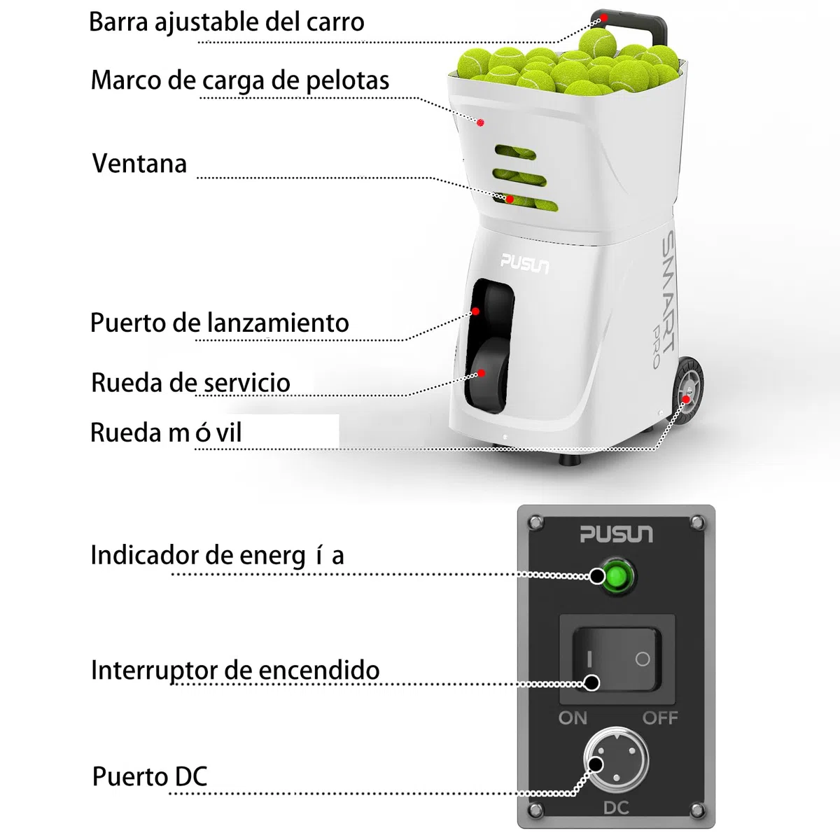 PUSUN Macchina intelligente per palline da tennis - Servizio automatico con controllo APP/telecomando/iWatch, 120 km/h, 28 punti di atterraggio, batteria 4-6H per allenamento/coaching