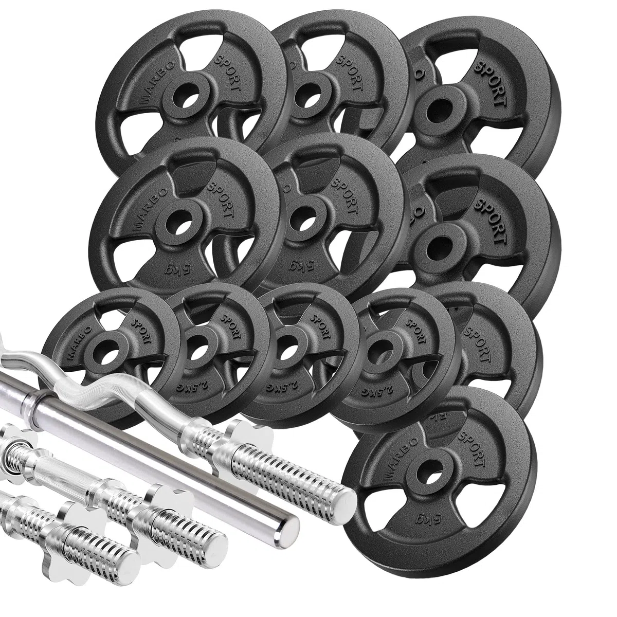 Marbo Sport Pesi Tribo in ghisa con bilanciere rinforzato 198 cm ø30mm, barra per curl 120cm ø30mm, manubri 40cm ø30mm e pesi, 1x bilanciere, 1x bar curl, 2x manubri | Impostare le opzioni 83kg / 113kg / 172kg | Made in EU
