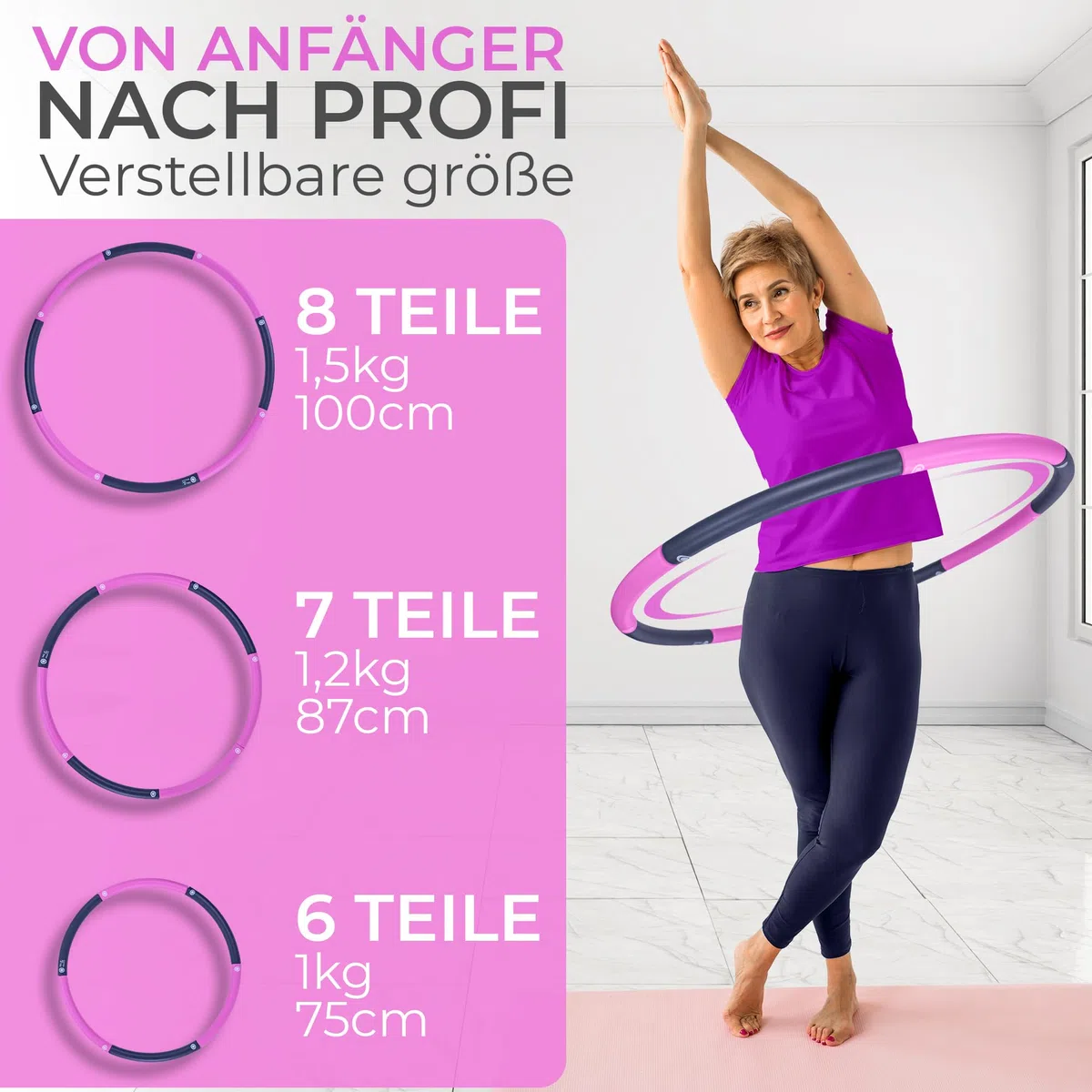 Hula Hoop - Pneumatico per principianti senza onde e gommini [1 kg fino a 1,5 kg, 75 – 100 cm, 6 – 8 segmenti] – Hullahub Fitness Sport per adulti