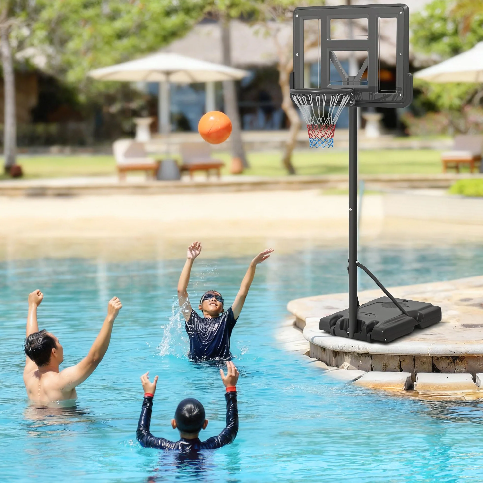 SPORTNOW Canestro Basket ad Altezza Regolabile per Giardino e Piscina con Base Riempibile e Spazio per Palla, in Acciaio, Plastica e HDPE, 110x75x195-370 cm, Nero