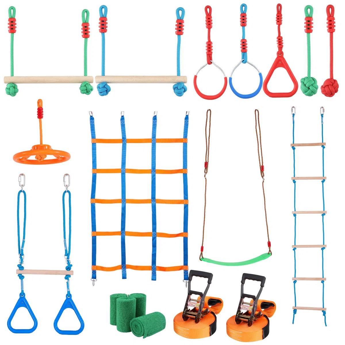 VEVOR Ninja Kit per Bambini Slackline da Arrampicata Percorso a Ostacoli 2x15,24 m Carico 226,8 kg 12 Ostacoli Attrezzatura da Gioco all'Aperto con Rete da Arrampicata Monkey Bar per Cortile Giardino