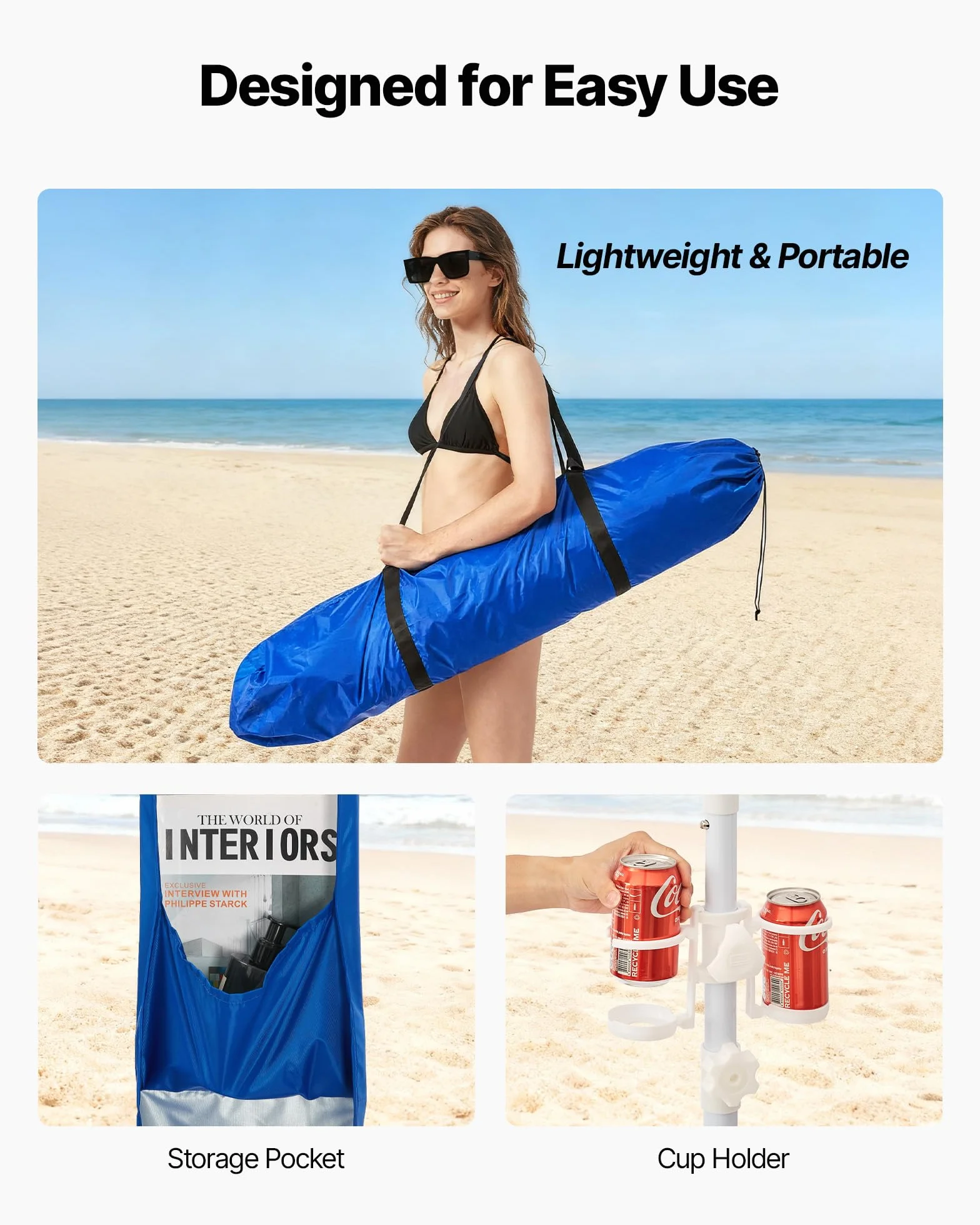 VEVOR Parasole da Spiaggia Portatile 2400 x 2400 x 2400 mm con Parete Laterale e Tasche per la Sabbia, Facile da Montare, Ombrellone Parasole Portatile Regolabile in Altezza per Famiglia, Blu