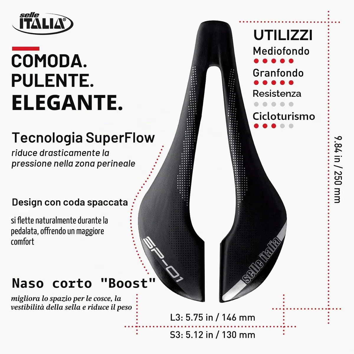 Selle Italia Sp-01 Boost Tm Superflow - Sella Bicicletta da Strada con Design Moderno, Comoda con Foro Superflow Unisex Adulto