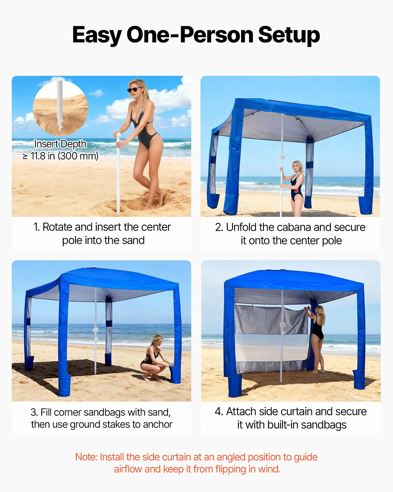 VEVOR Parasole da Spiaggia Portatile 2400 x 2400 x 2400 mm con Parete Laterale e Tasche per la Sabbia, Facile da Montare, Ombrellone Parasole Portatile Regolabile in Altezza per Famiglia, Blu
