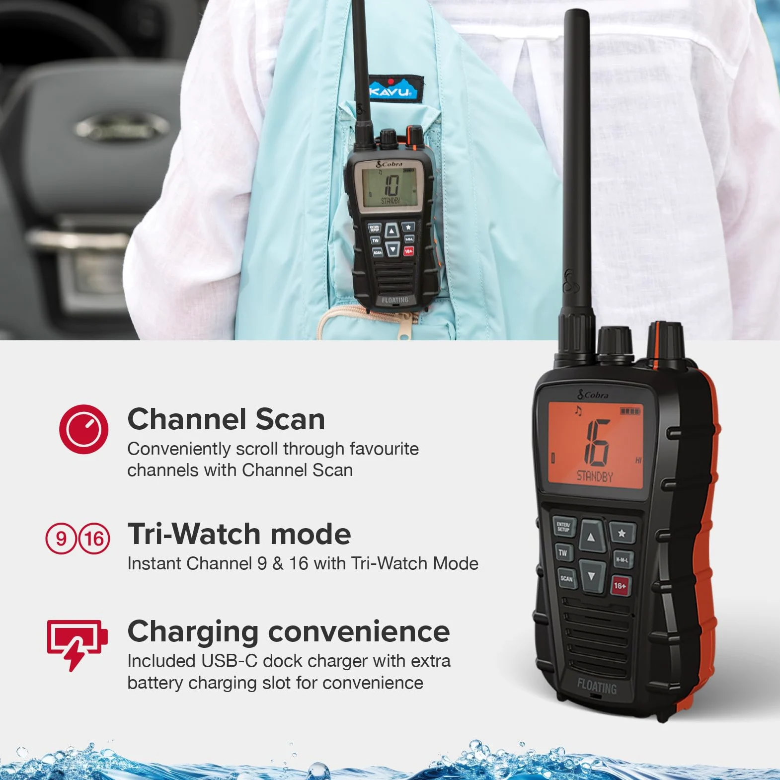 Cobra BlueBound 350 - Radio VHF marina portatile galleggiante da 6 Watt, galleggiante n' Flash, impermeabile IPX7, sommergibile, display LCD giorno/notte, scansione di memoria, Tri-Watch, nero