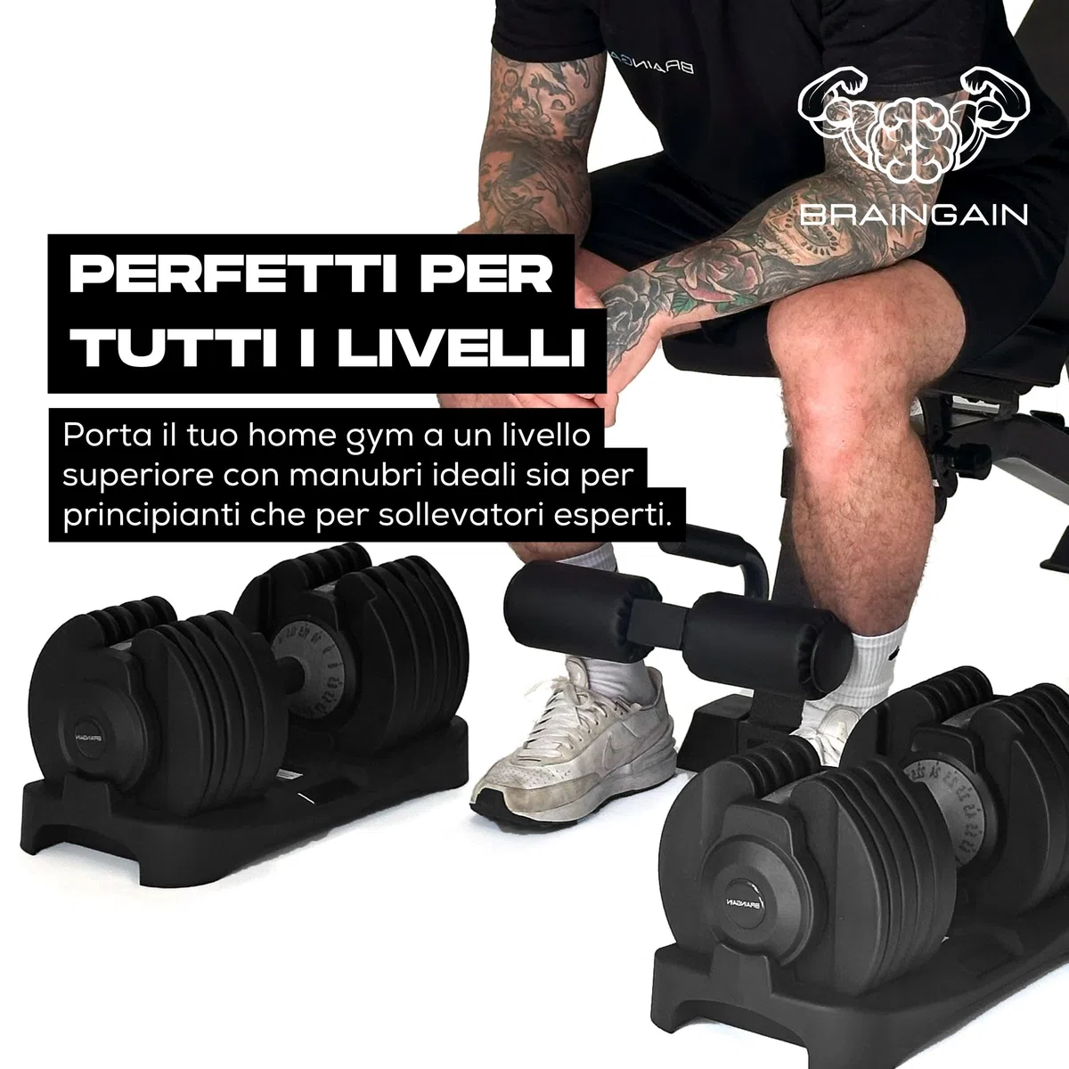 BRAINGAIN manubri regolabili, Coppia di 15 in 1 (24 kg) impostazioni di peso, tecnologia Smart-Click per cambi di peso rapidi con sistema di bloccaggio sicuro, impugnatura antiscivolo