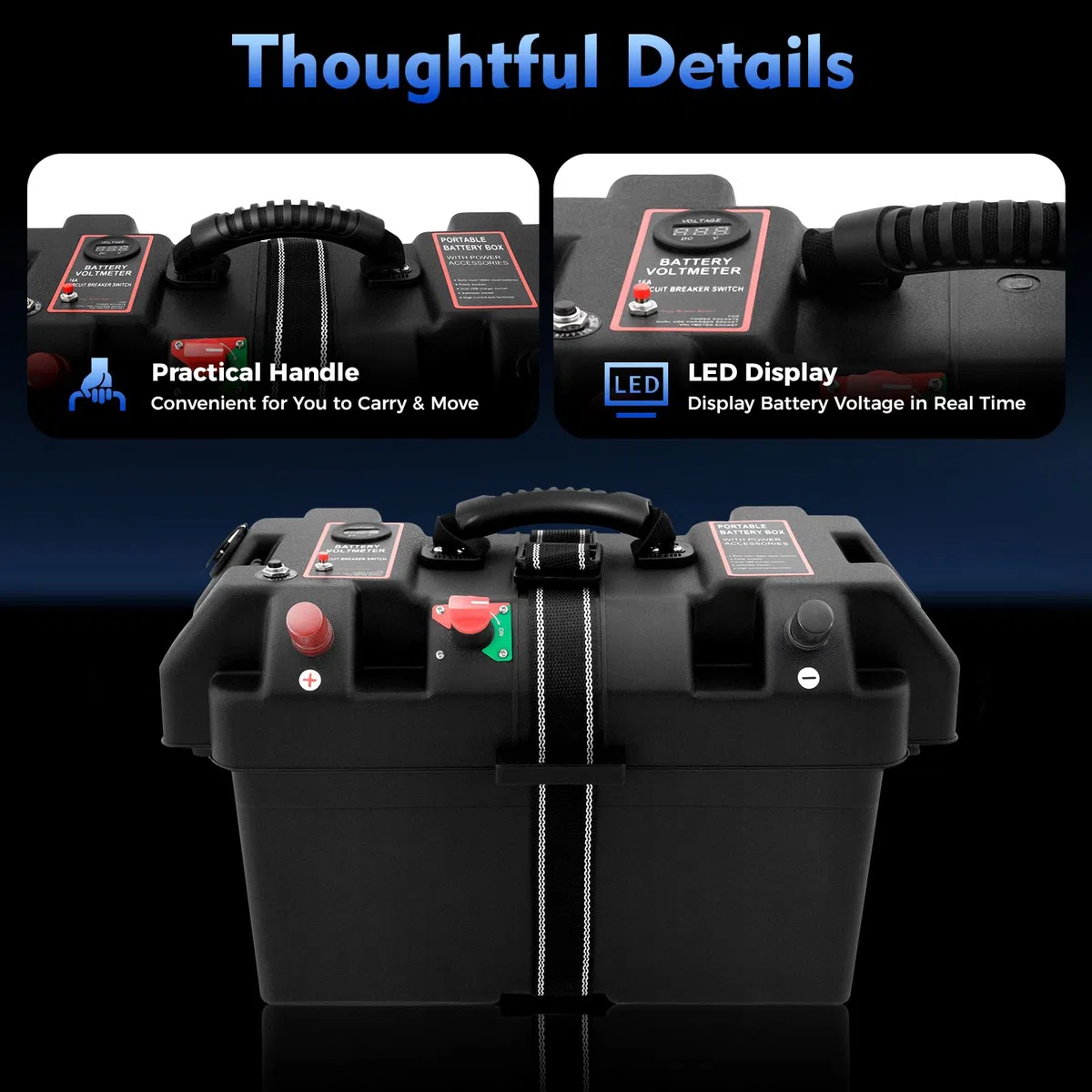 Scatola per batteria, motore elettrico multifunzione, gonfiabile, per esterni, con 2 porte USB, indicatore di tensione LED, protezione da sovraccarico per campeggio, auto, barca (nero)