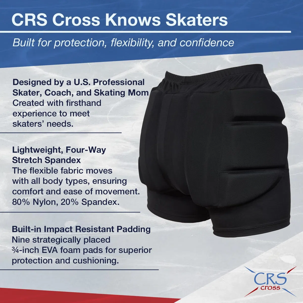CRS Cross Pantaloncini imbottiti per pattinaggio artistico, a rotelle, in linea, su ghiaccio, snowboard e sci, protezione dagli impatti di caduta per glutei, fianchi e coccige