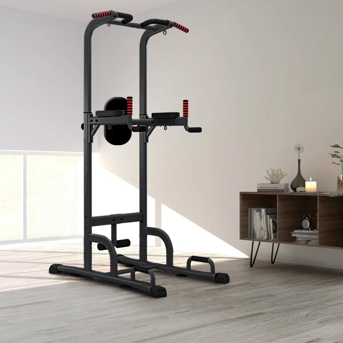 Sportstech Power Tower PT300 | Stazione di allenamento multifunzionale 7 in 1 | Torre per bodybuilding per trazioni e dip | Impugnature per flessioni + Anelli per corde di resistenza e sospensione