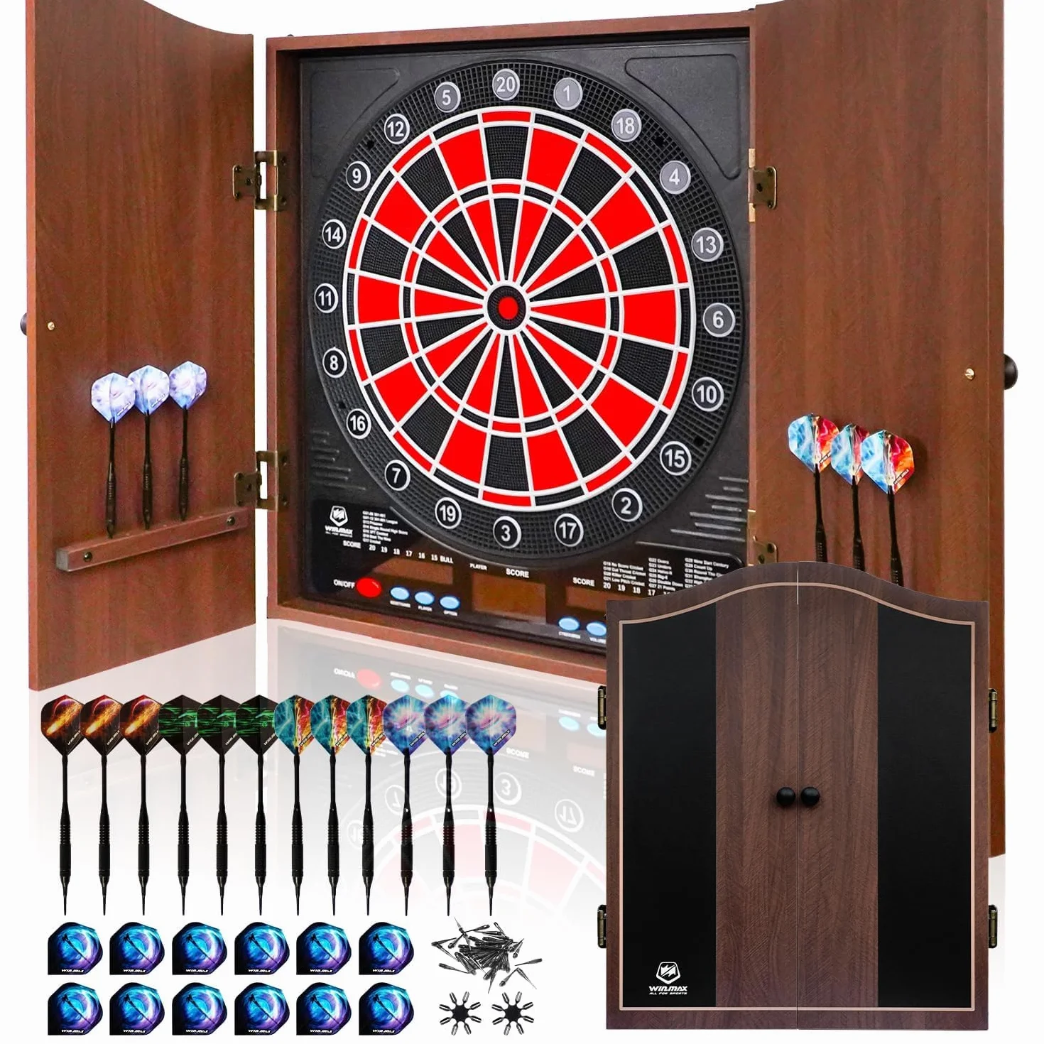 WIN.MAX Freccette Elettronico, Set di Armadio Decorativo Bersaglio Freccette Offre 34 Giochi per un Massimo di 8 Giocatori tra cui 12 Frecce a Punta Morbid