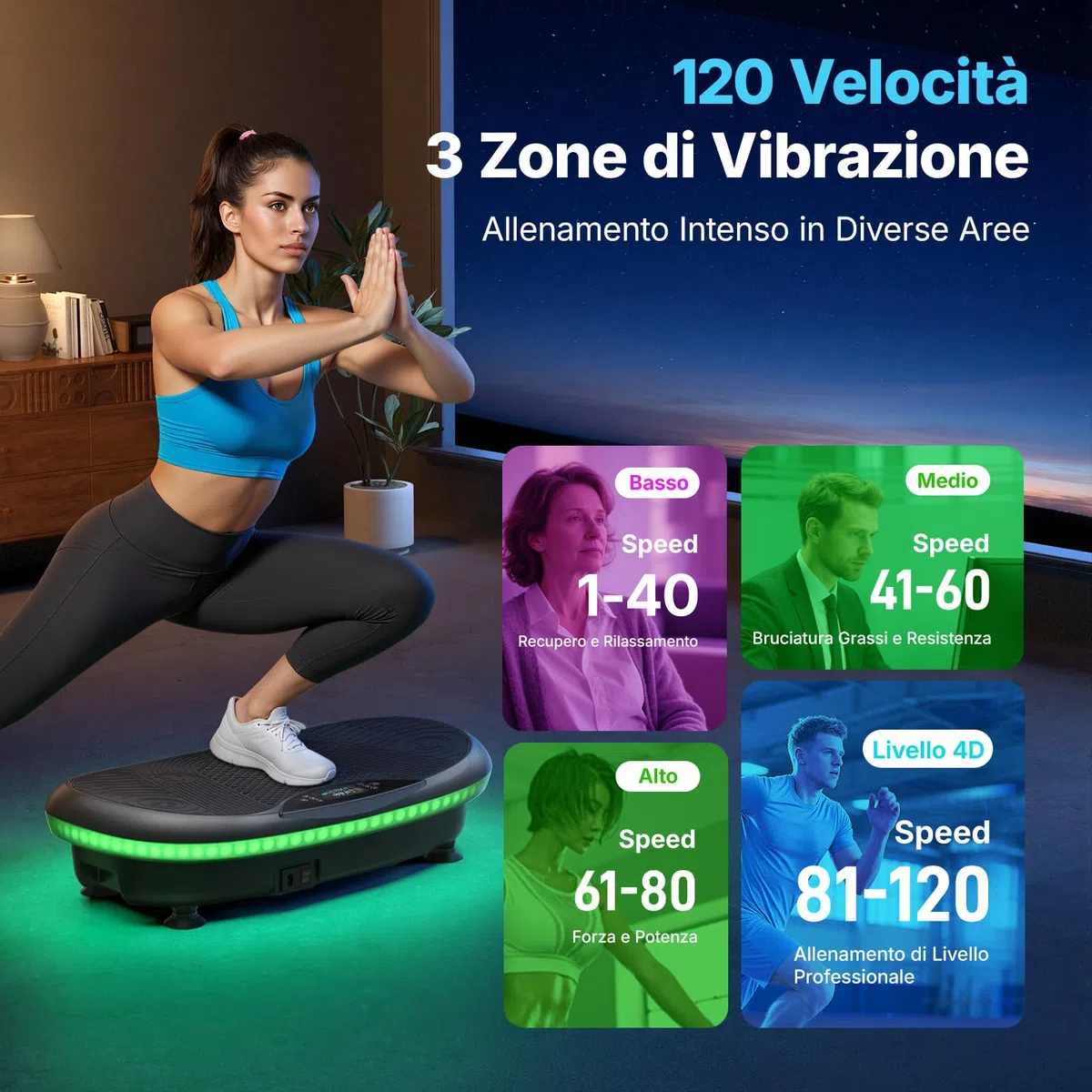 MERACH 4D Pedana Vibrante Con 7 Modalità Di Vibrazione, 120 Livelli Di Velocità, 5 Programmi Intelligenti, Altoparlante Bluetooth Integrato E Luce Ambientale