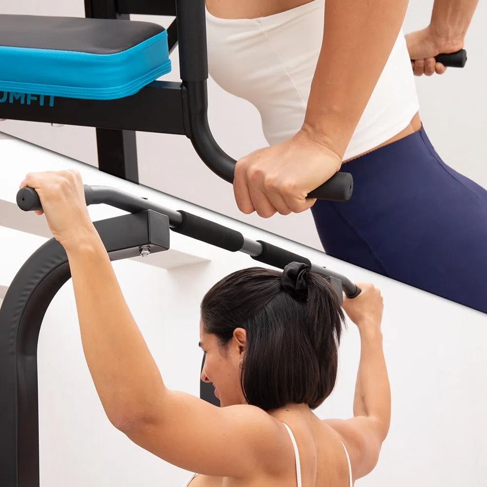 Cecotec Sbarra Trazioni per Dips Drumfit Pullups 4000. Torre Multistazione di Muscolazione, Rack di Dominate e Sfondi Imbottito con Impugnature Antiscivolo, Altezza Regolabile, Peso Massimo 150 Kg