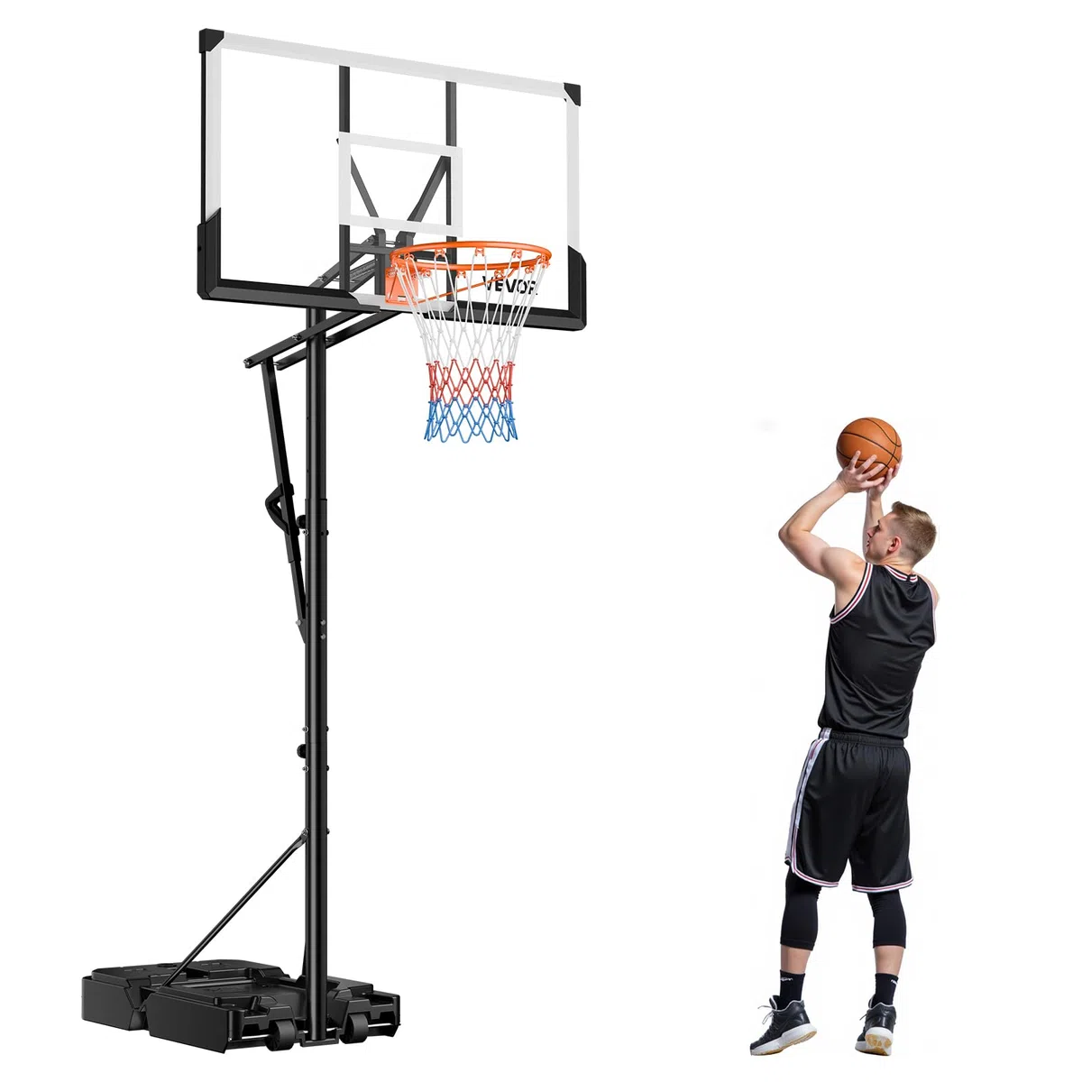 VEVOR Supporto da Basket Portatile Massimo 3,05 m Pallacanestro da Esterno con Piedistallo Regolabile in Altezza Design di Sollevamento, con Ruote e Tabellone PC da 1117,6 mm, per Cortili, Scuole