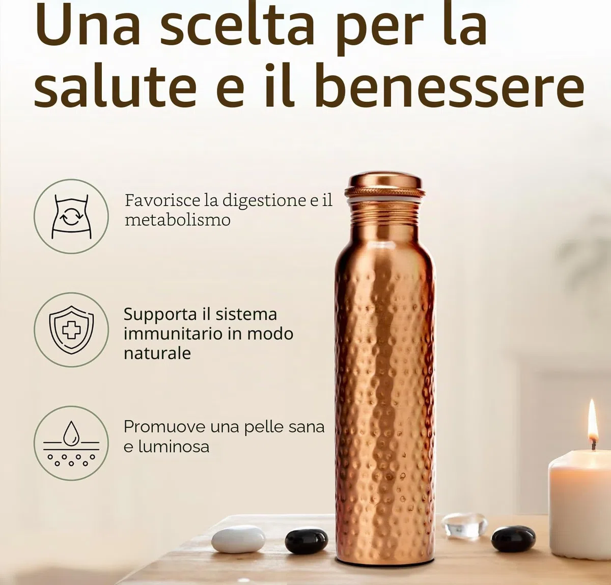Bottiglia Acqua in Rame Puro Martellato 950 ml – Bottiglia Ayurvedica Antiperdita Senza BPA per Yoga Palestra Viaggi e Ufficio con Borsa in Tela Tasche e Spazzola Pulizia Inclusa