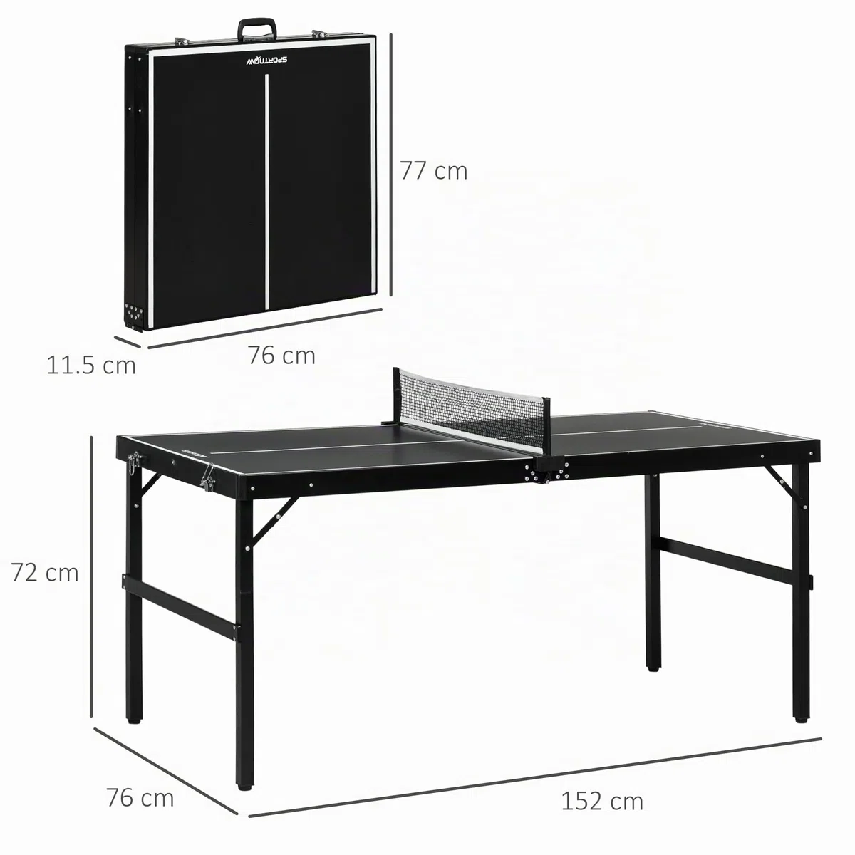 SPORTNOW Tavolo Ping Pong Pieghevole con Rete da Gioco e Maniglia da Trasporto, Tavolo da Ping Pong in Alluminio e MDF, 152x76x72 cm, Nero