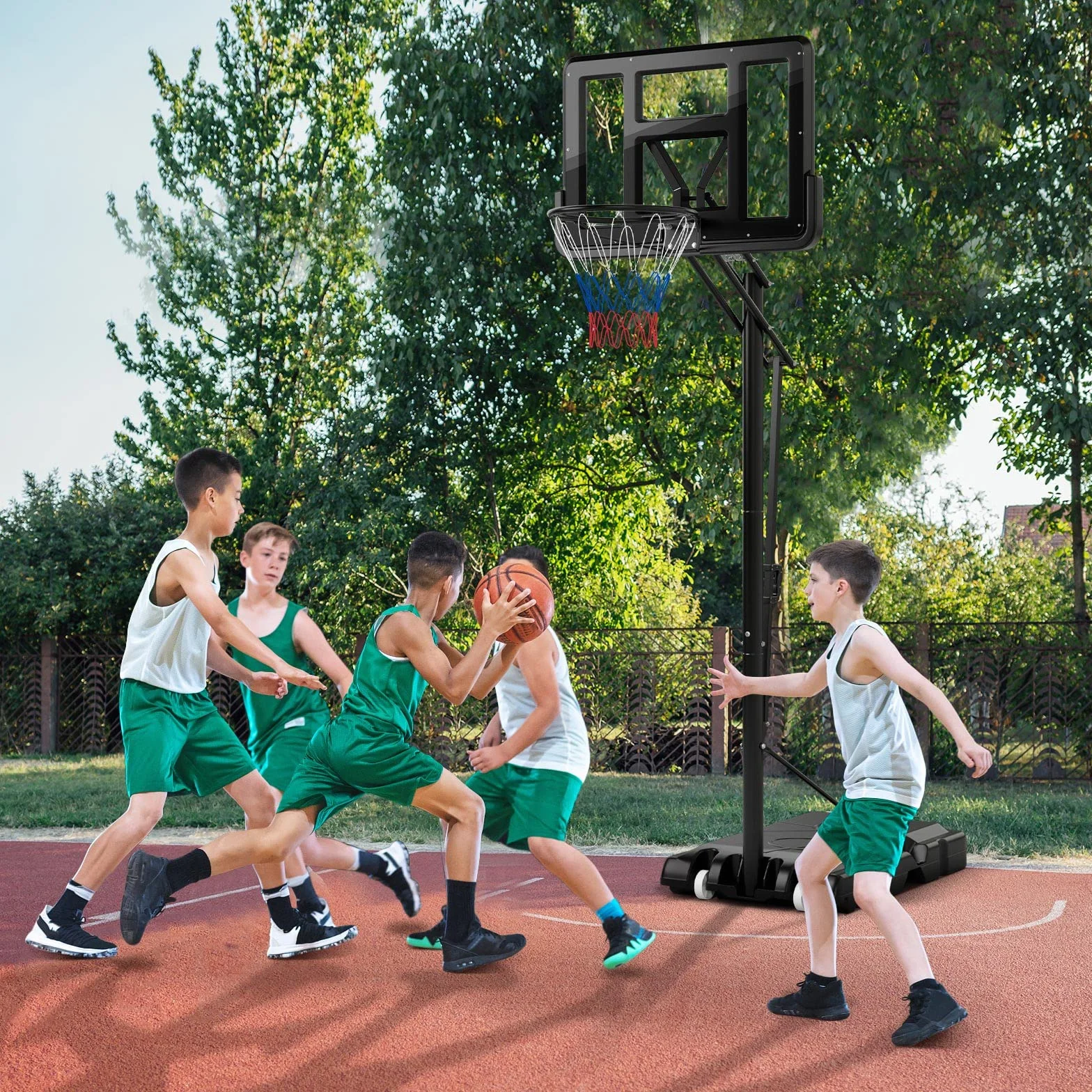 GYMAX Canestro da Basket Portatile, Canestro Basket Regolabile in Altezza 143-305 cm con Tabellone in PET, Cerchio in Metallo Solido da 48 cm e 2 Ruote, per Adulti, Adolescenti