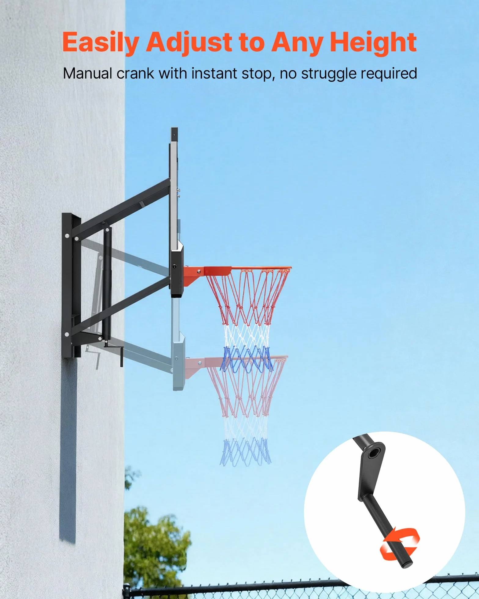 VEVOR Canestro da Basket a Parete con Tabellone in PC da 1371,6 mm e Tabellone con Spessore di 2 mm, Rete in Misto Nylon Spesso, Canestro da Basket Peso di 33,6 kg per Gioco Professionale