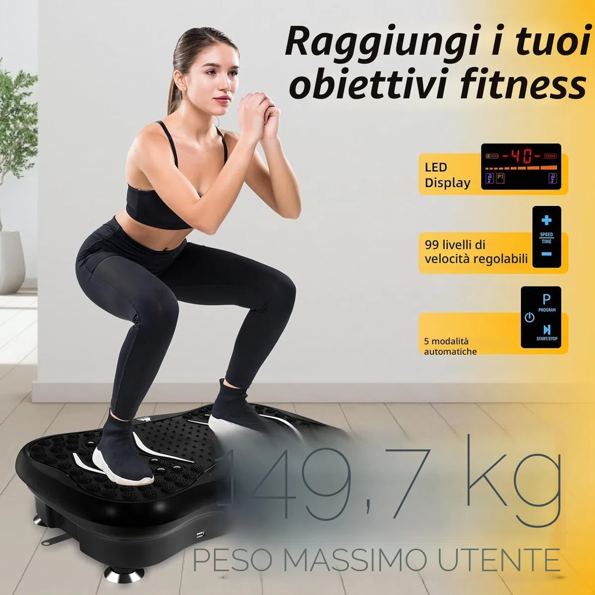 EVOLAND Piastre vibranti, macchina per esercizi fitness a vibrazione per uso domestico, con altoparlante Bluetooth, 5 modalità di programma, 2 bande di resistenza, allenamento fitness a vibrazione, carico massimo 149,7 kg (B)