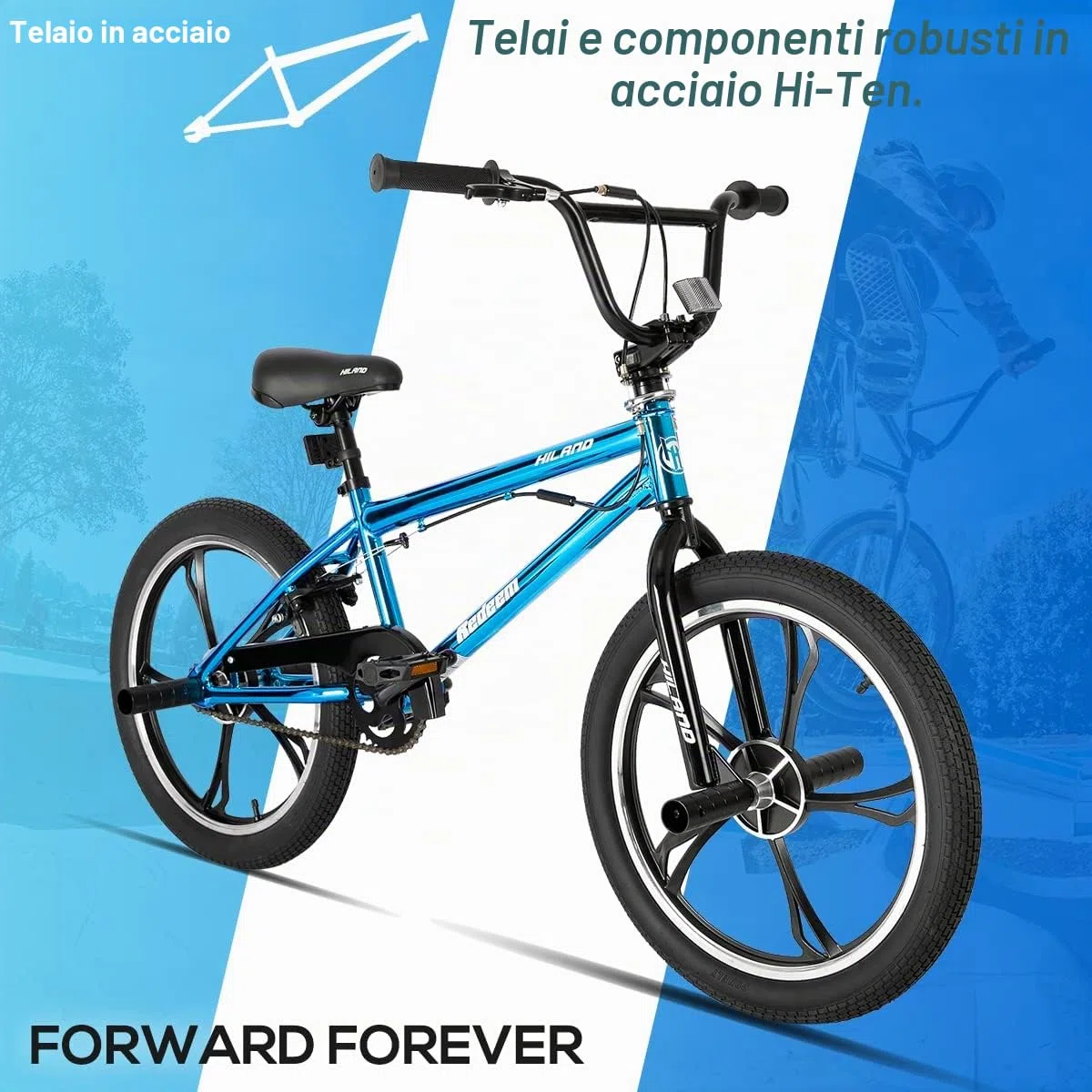 HILAND Bicicletta BMX da 20 pollici a 5 raggi, rotore da 360 gradi per stili Libero, bicicletta BMX a 4 perni per Allenamento e acrobazie, Blu