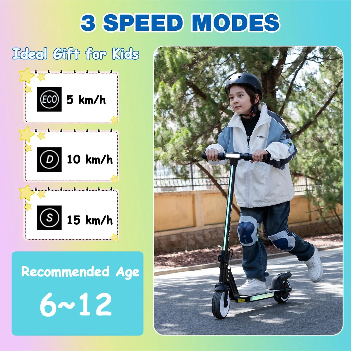 RCB R12 Monopattino Elettrico per Bambini 6-12 Anni, Max 15Km/h & 10 km, Luce LED Arcobaleno, 6,5" Pieghevole E-Scooter,Display a LED, Velocità Regolabili, Regalo per Bambini