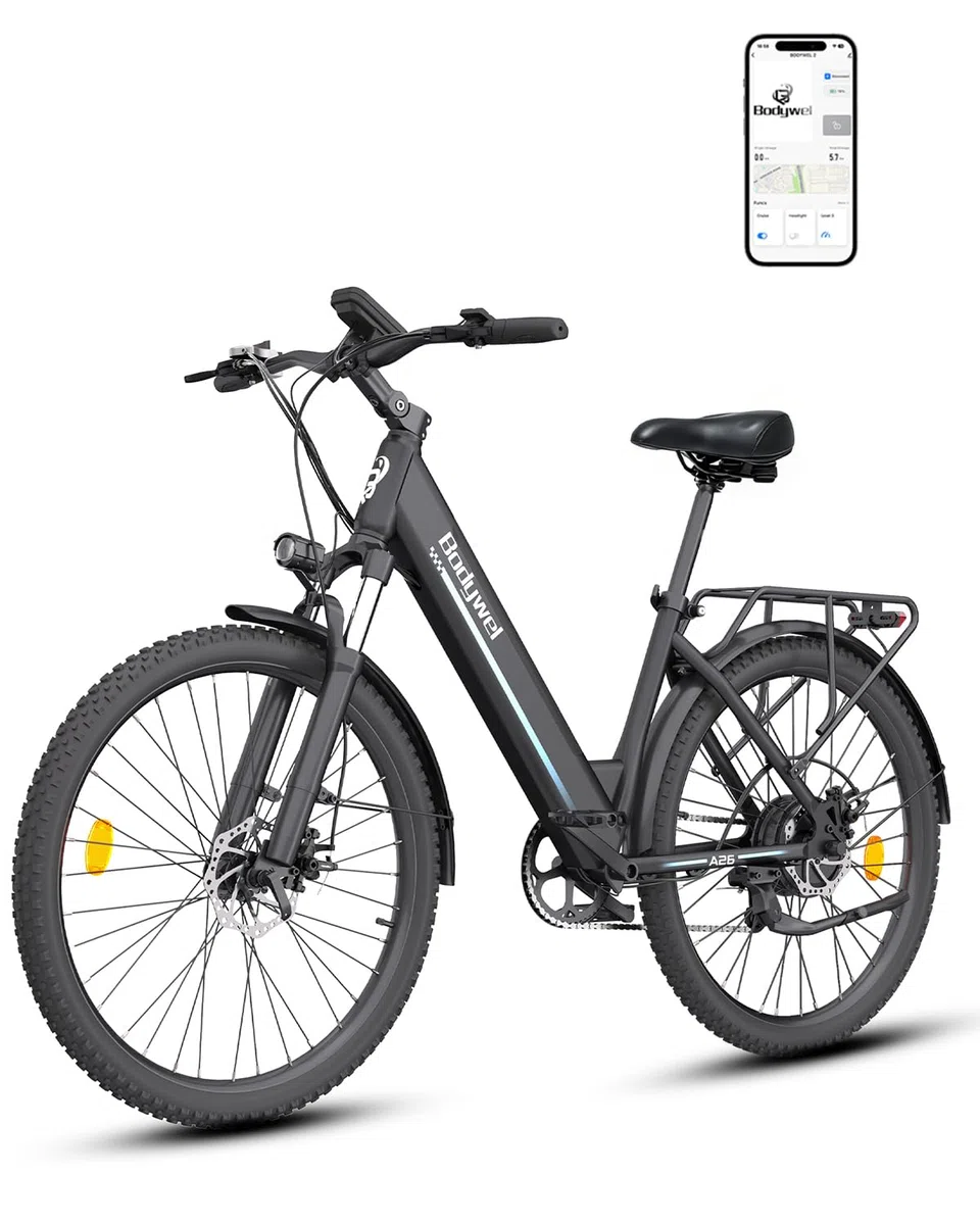 Bodywel A26 E-Bike Uomo 26 Pollici, Bicicletta Elettrica con Batteria Rimovibile 36V 13Ah, Autonomia 50-70km, Motore 250W, 7 Velocità, Freni a Disco Meccanici, E-Bike da Città