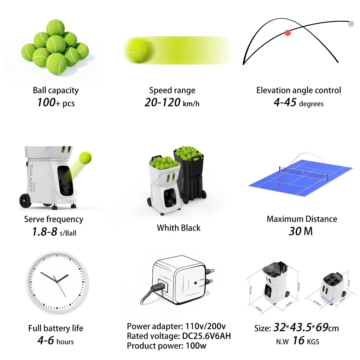PUSUN Macchina intelligente per palline da tennis - Servizio automatico con controllo APP/telecomando/iWatch, 120 km/h, 28 punti di atterraggio, batteria 4-6H per allenamento/coaching