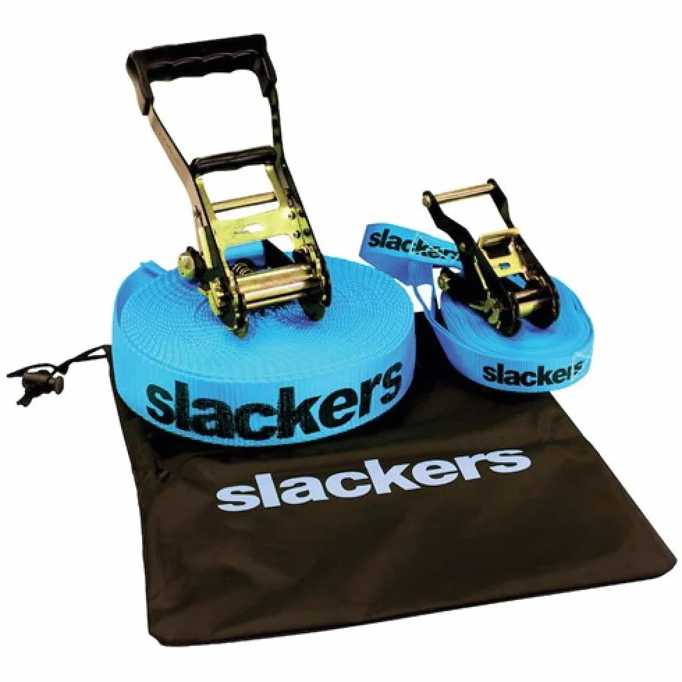 Slackers USA Slackline Classic 15m, set con linea di insegnamento aggiuntiva, corrimano per un facile apprendimento, protezione con cricchetto, borsa, ideale per bambini e famiglia, 980010