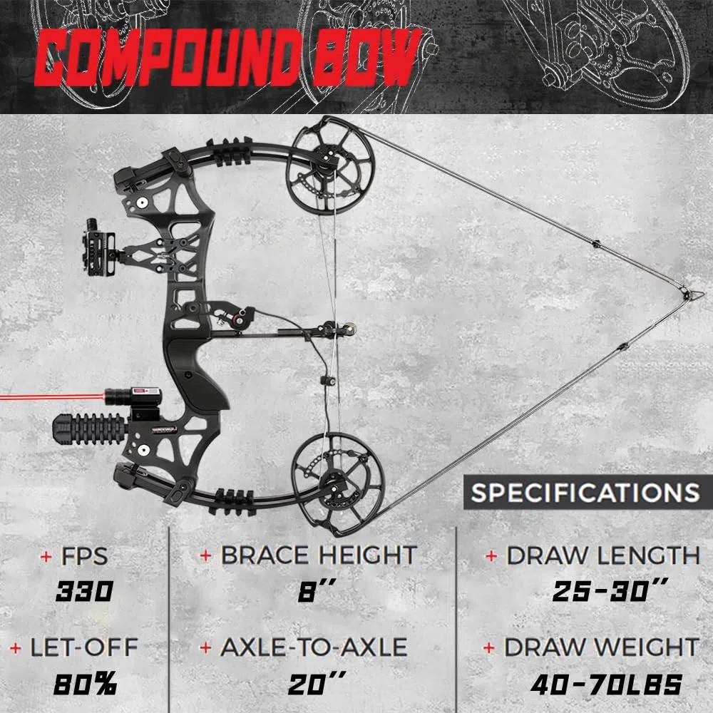 Kit Arco Composto da Caccia Adulti / 20" Doppio Uso per Frecce & Palle Acciaio/Potenza Regolabile 40-70 lbs/Velocità 330 FPS/Nero Destro-Mancino