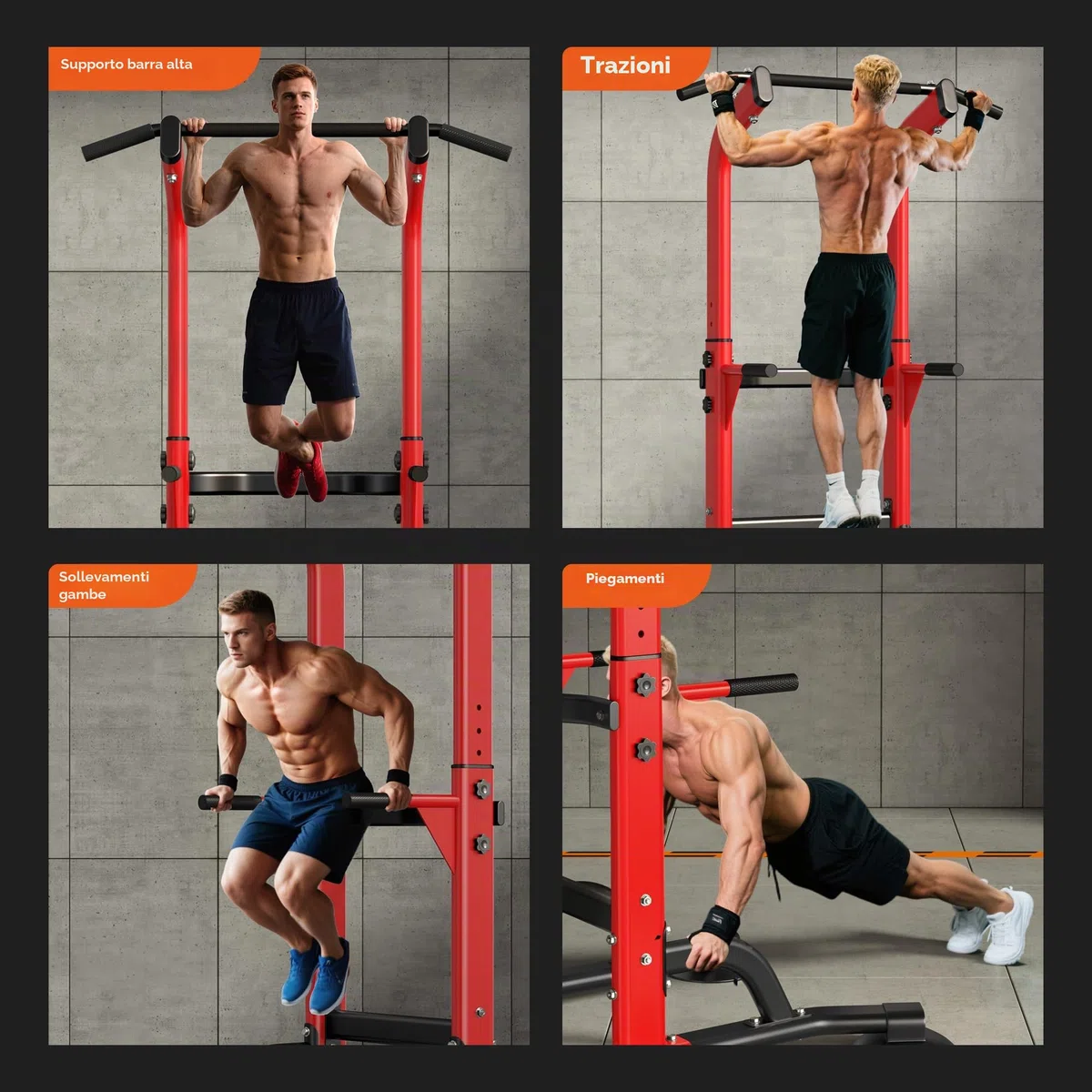 SogesPower Power Tower Dip Station Barra per trazioni per palestra a casa regolabile in altezza attrezzatura per allenamento di forza, rosso