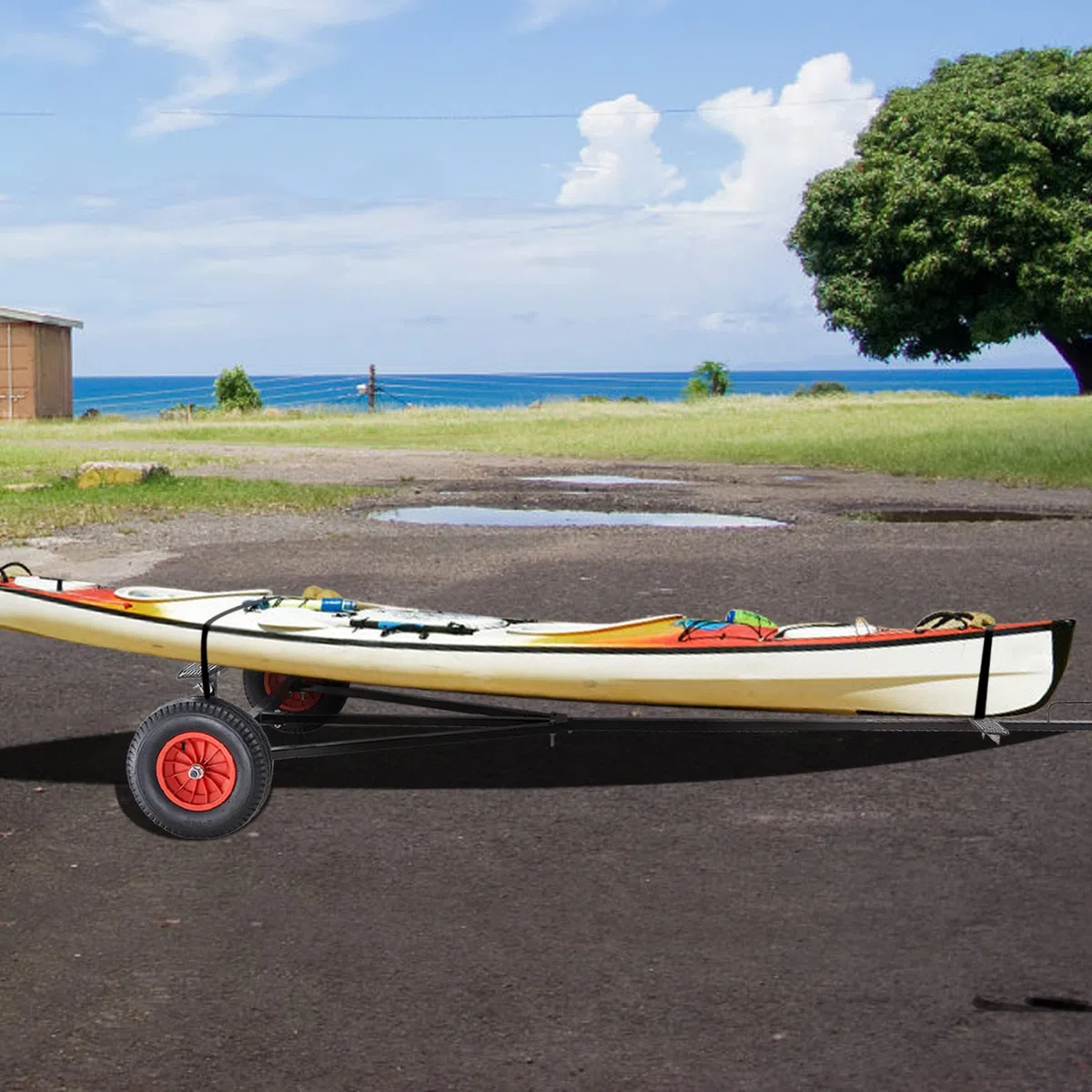 VEVOR Carrello per Rimorchio Barche Manuale Capacità Carico Max. 190kg Ruote in Gomma Diametro 40,6cm per Rimorchio di Barche, Carrello Rimorchio in Acciaio al Carbonio Lunghezza Regolabile 244-294cm