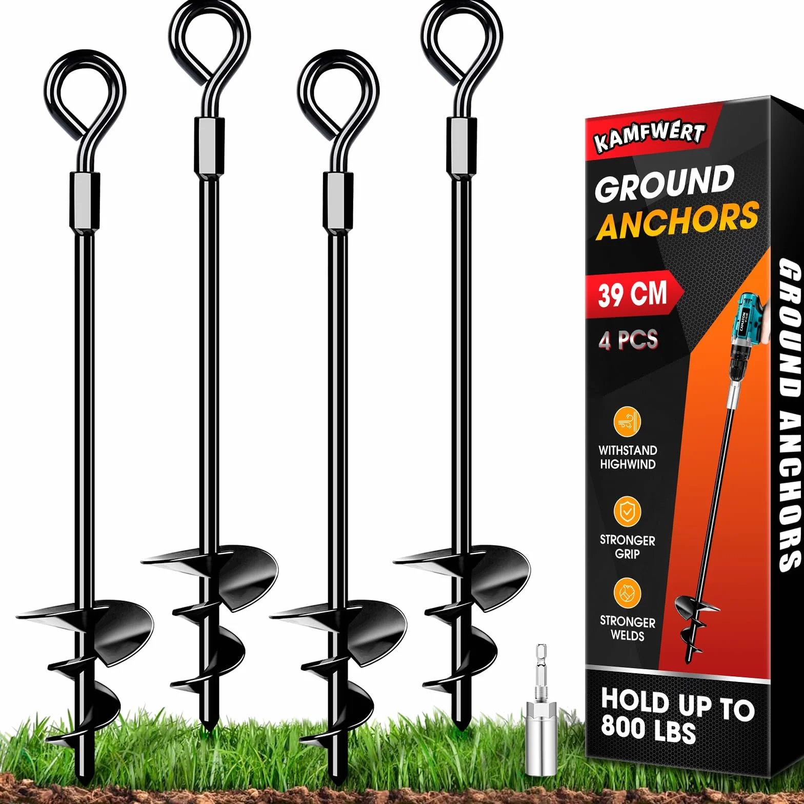Kit di ancoraggio a terra resistente, confezione da 4 picchetti adatti per tutte le tende, trampolini, kit di ancoraggio a terra con adattatore