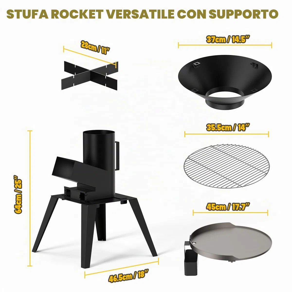 Onlyfire Forno a Razzo da Esterno con Supporto, Stufa a Legna, Fornello da Campeggio Multifunzionale 3 in 1 con Griglia di Cottura, Piastra e Supporto per Pentole per Cucinare All'aperto e in Giardino