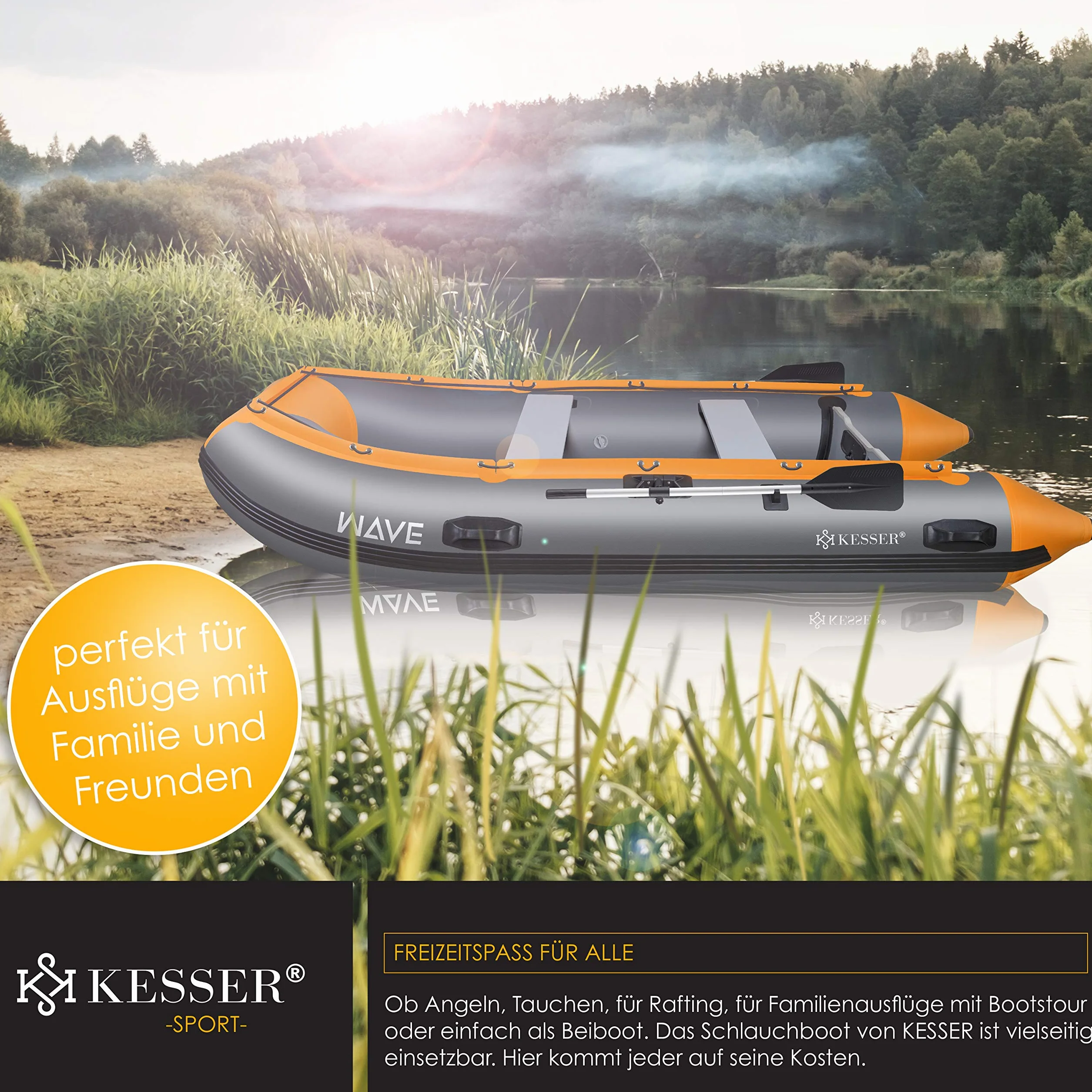 KESSER® Gommone di 3,20 m per 4 Persone - Compatibile con Motore Wave Imbarcazione da diporto Barca a Remi, da Pesca - con 2 panche - Fondo in Alluminio Remi Pompa