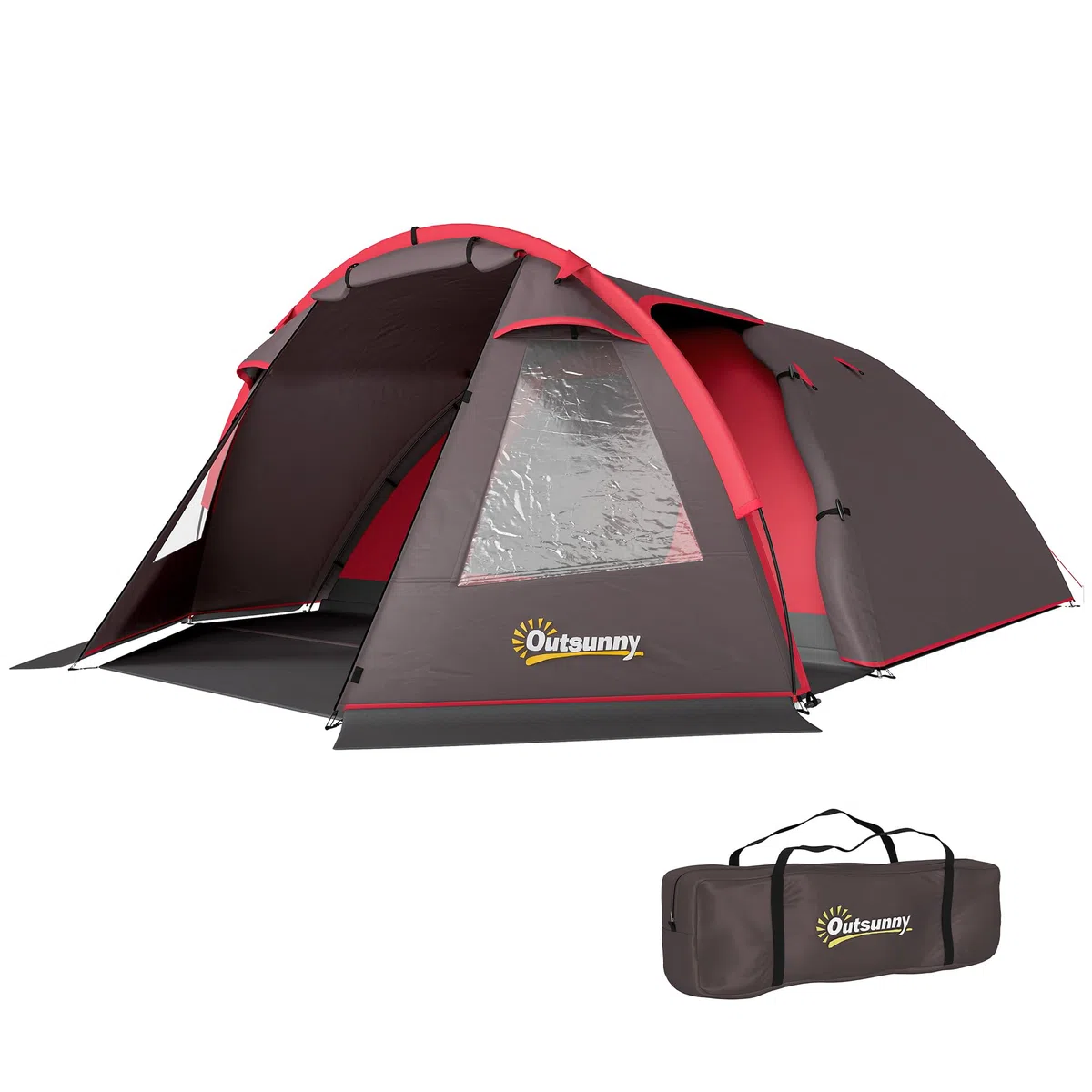 Outsunny Tenda Campeggio a Tunnel per 2-4 Persone con 2 Stanze, Tenda Famigliare da Trekking Pesca Impermeabile 3000mm con Fondo Rinforzato, Doppie Porte, Borsa di Trasporto, 360x250x130 cm, Grigio