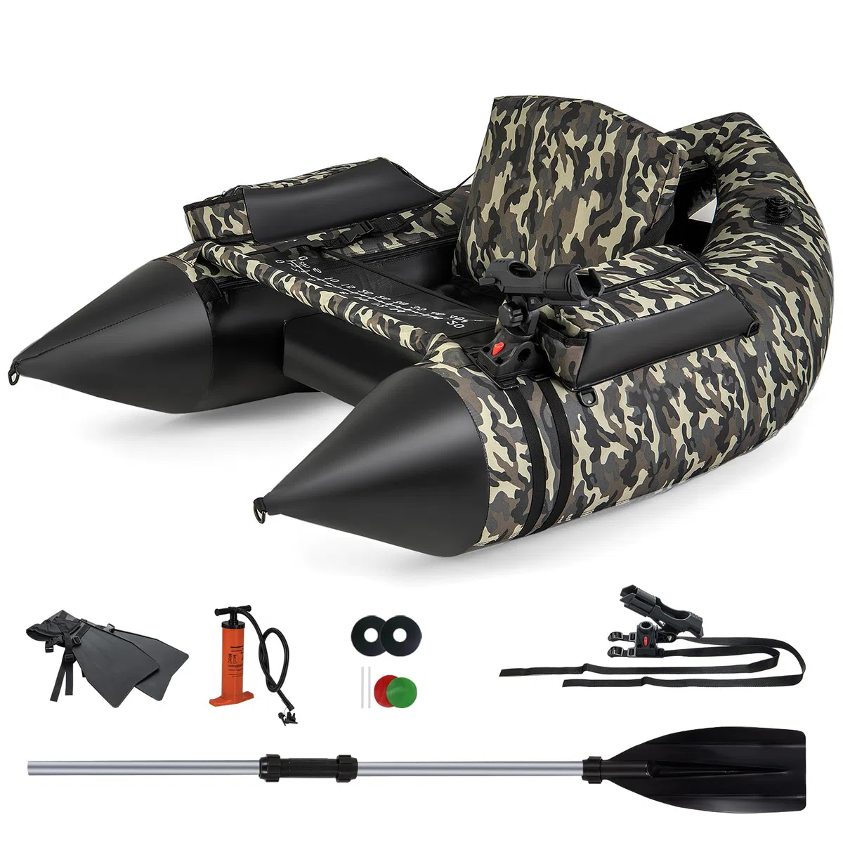 HOMASIS Barca da Pesca Gonfiabile a Forma di V, Barca Galleggiante Gonfiabile con Supporto per Canne con Stoccaggio di Attrezzature, Barche da Pesca a Mosca con Pinne, Remi e Pompa, 150 x 110 x 48 cm,