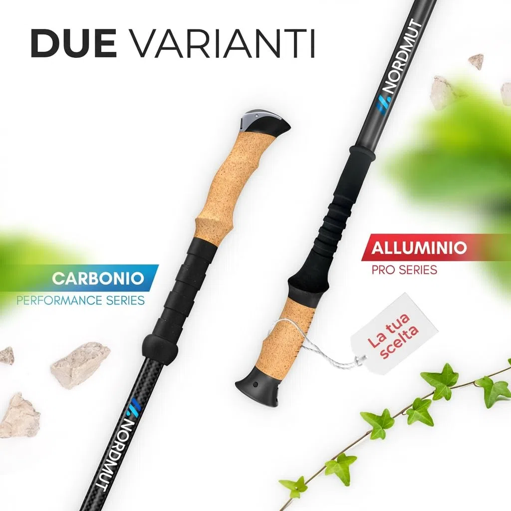 NORDMUT® Bastoni da trekking telescopici di alta qualità, in alluminio e carbonio, per nordic walking, regolabili per uomo e donna, con set di gommini e manico in vero sughero