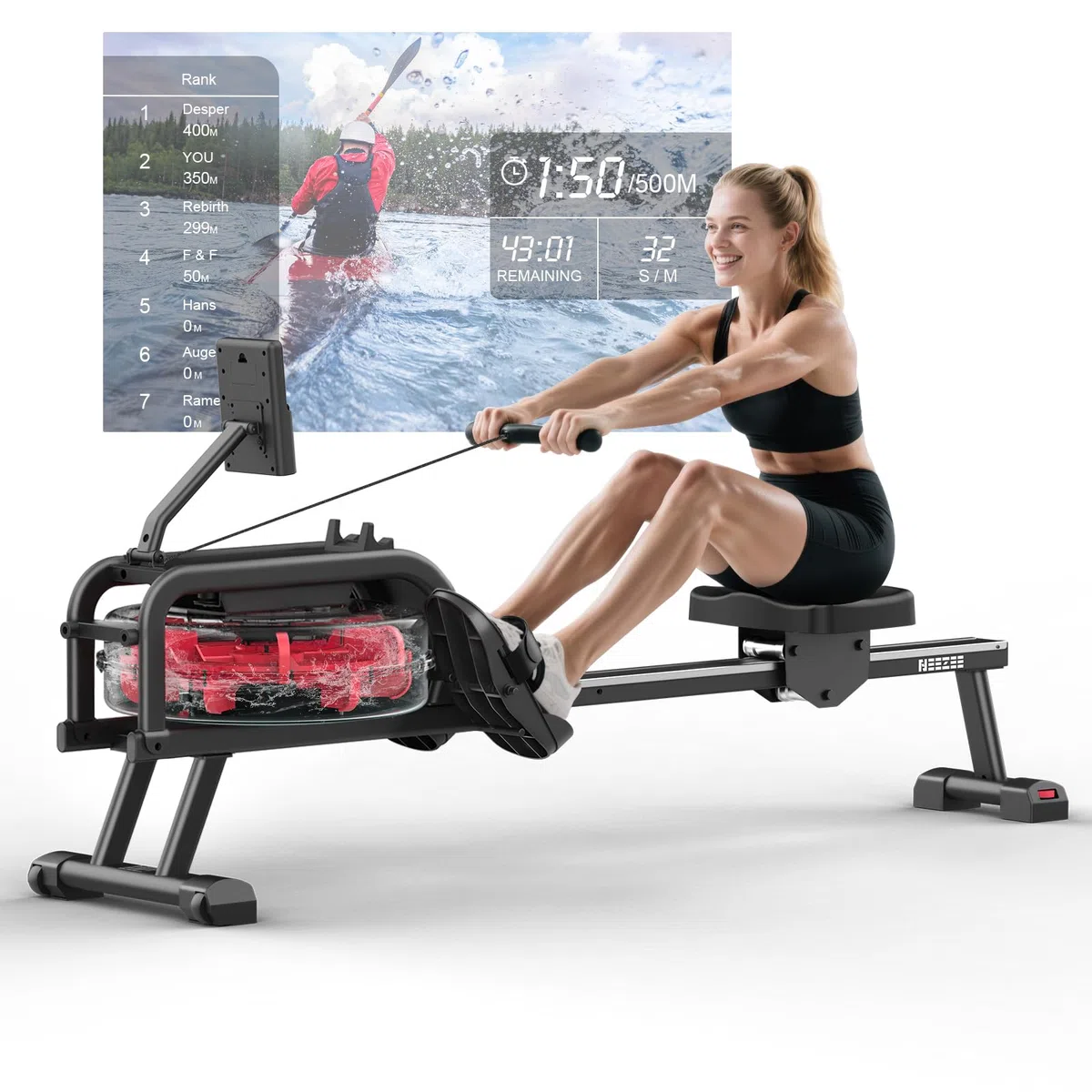 Neezee Vogatore, Vogatore Professionale per Casa con Binari in Acciaio Inox, Vogatore ad Acqua con Supporto per Tablet, Vogatore Resistente All'acqua e con Display LCD