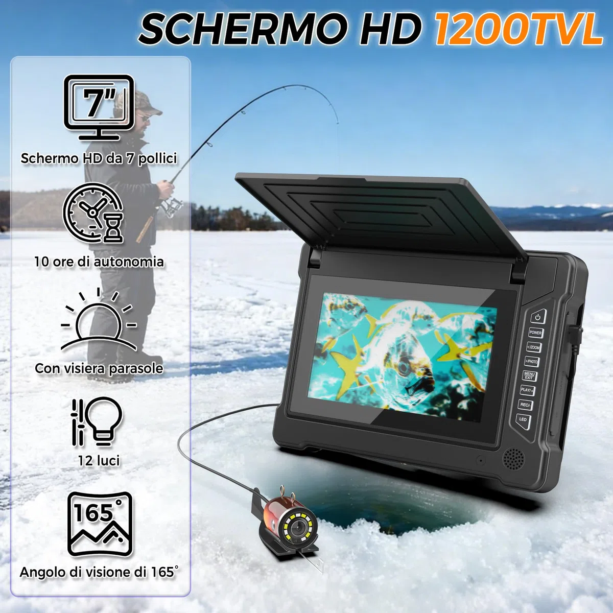 Ecoscandaglio da Pesca Telecamera subacquea 7" Impermeabile IP68 Cercatore Cavo per pesca in Mare, Lago, Fiume e Ghiaccio (15M)