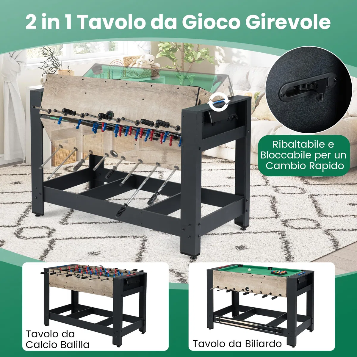 RELAX4LIF Tavolo Multigioco 2 in 1, Tavolo Combo con Biliardino e Biliardo, 2 Palline e Bastoni da Stecca, Triangolo, Spazzola, 2 Gessetti, Salvaspazio per Serate in Famiglia, Sala Giochi, Feste