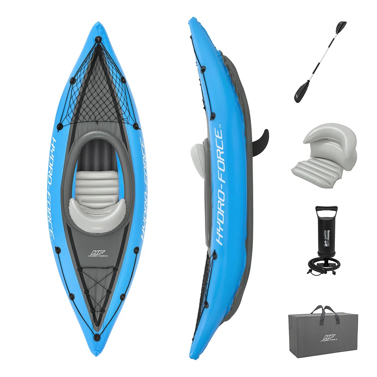 Hydro-Force Cove Champion, set kayak gonfiabile per 1 persona con pompa a mano, pagaie, borsa per il trasporto, blu
