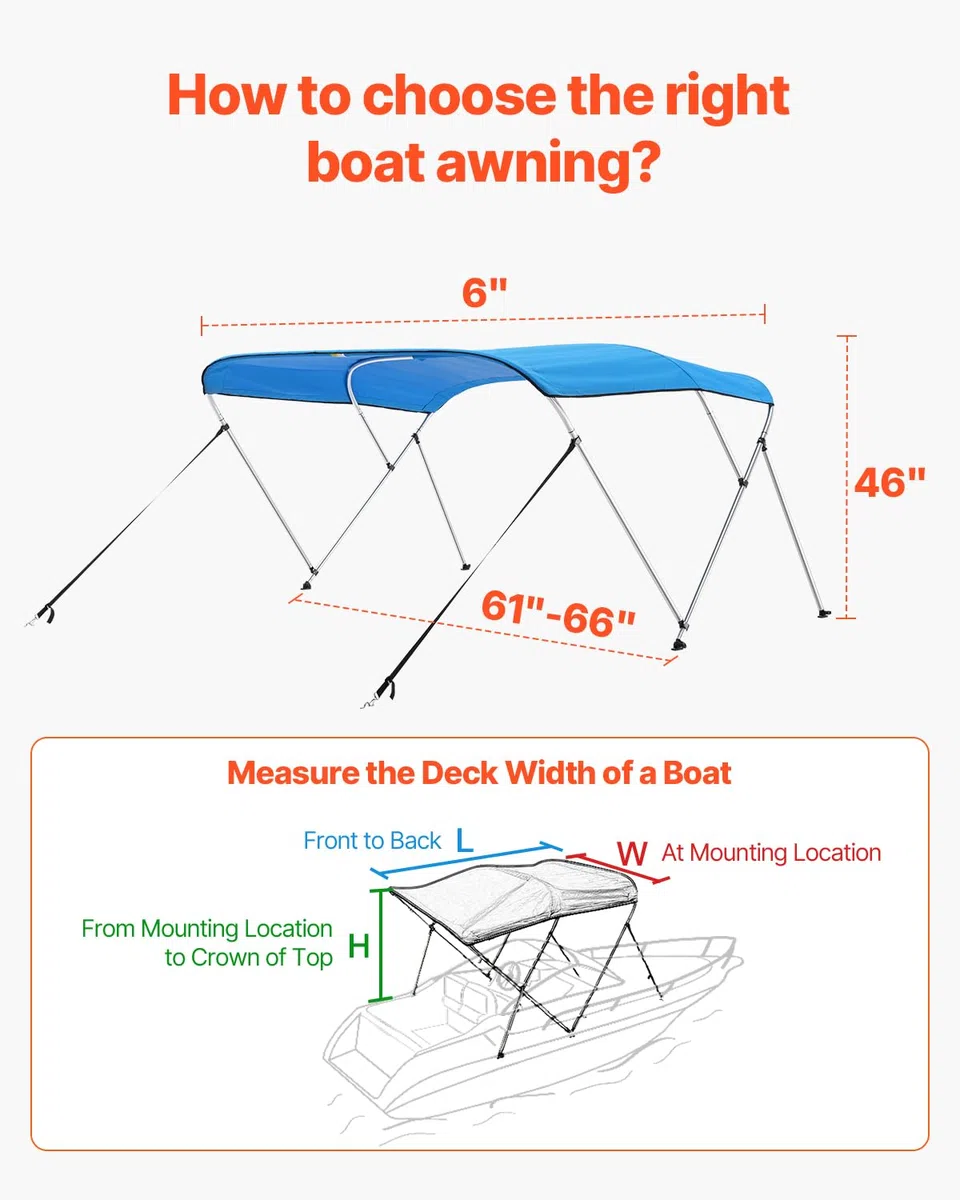 VEVOR Tendalino per Barca a 3 Archi Regolabile 182 x 117 x 155-167 cm, Tenda Parasole Telaio in Lega di Alluminio Tela di Poliestere 900D, Tendalino Tettoia Parasole Pieghevole per Barca a Vela Blu