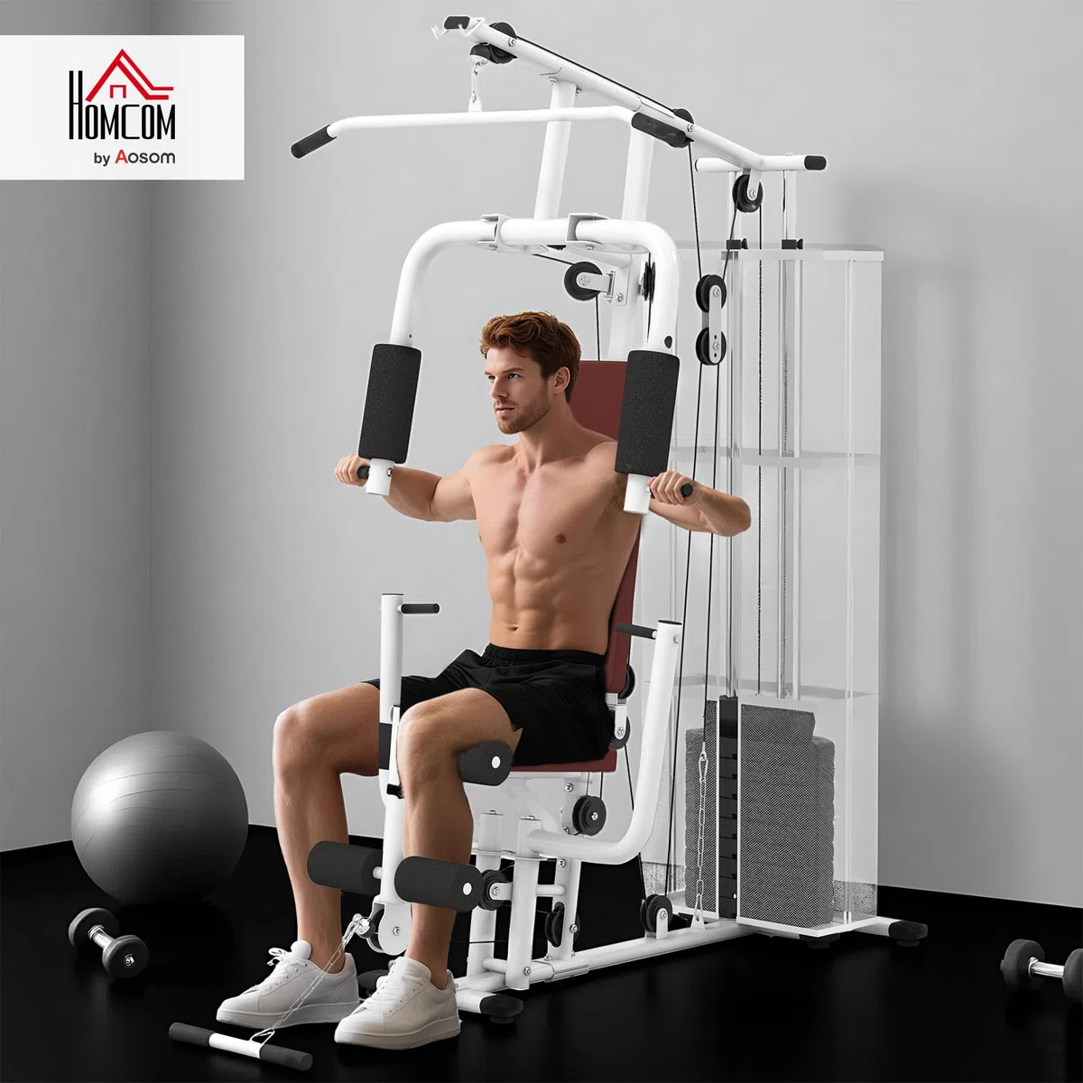 HOMCOM Stazione Fitness con Pull Down, Chest Press, Flessioni, Allungamenti delle Gambe e Vogate, Palestra Multifunzione in Acciaio con Peso di 45 kg, per Home Gym Casa, 150x110x210 cm, Bianco