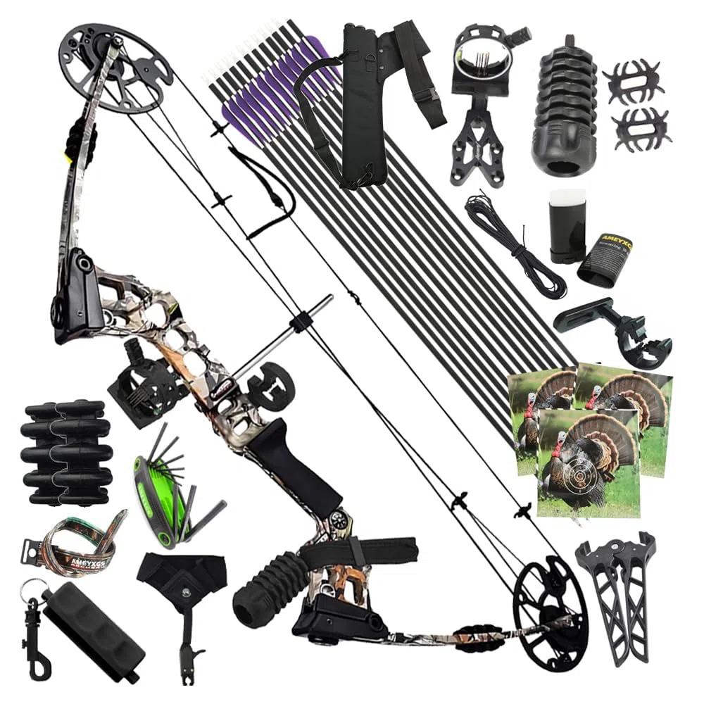 Set arco compound pronto per la caccia - Potenza di trazione 20-70 libbre, lunghezza di trazione 24“-30”, velocità 320 fps, completo di tutti gli accessori per la caccia e il tiro al bersaglio