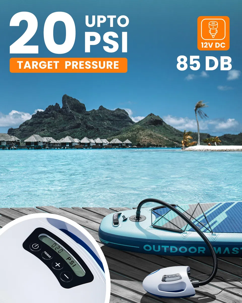 OutdoorMaster The Shark Pompa ad aria elettrica SUP ad alta pressione con 20 PSI 12 V DC Sistema di raffreddamento attivo intelligente a due stadi per gonfiare paddle board barche