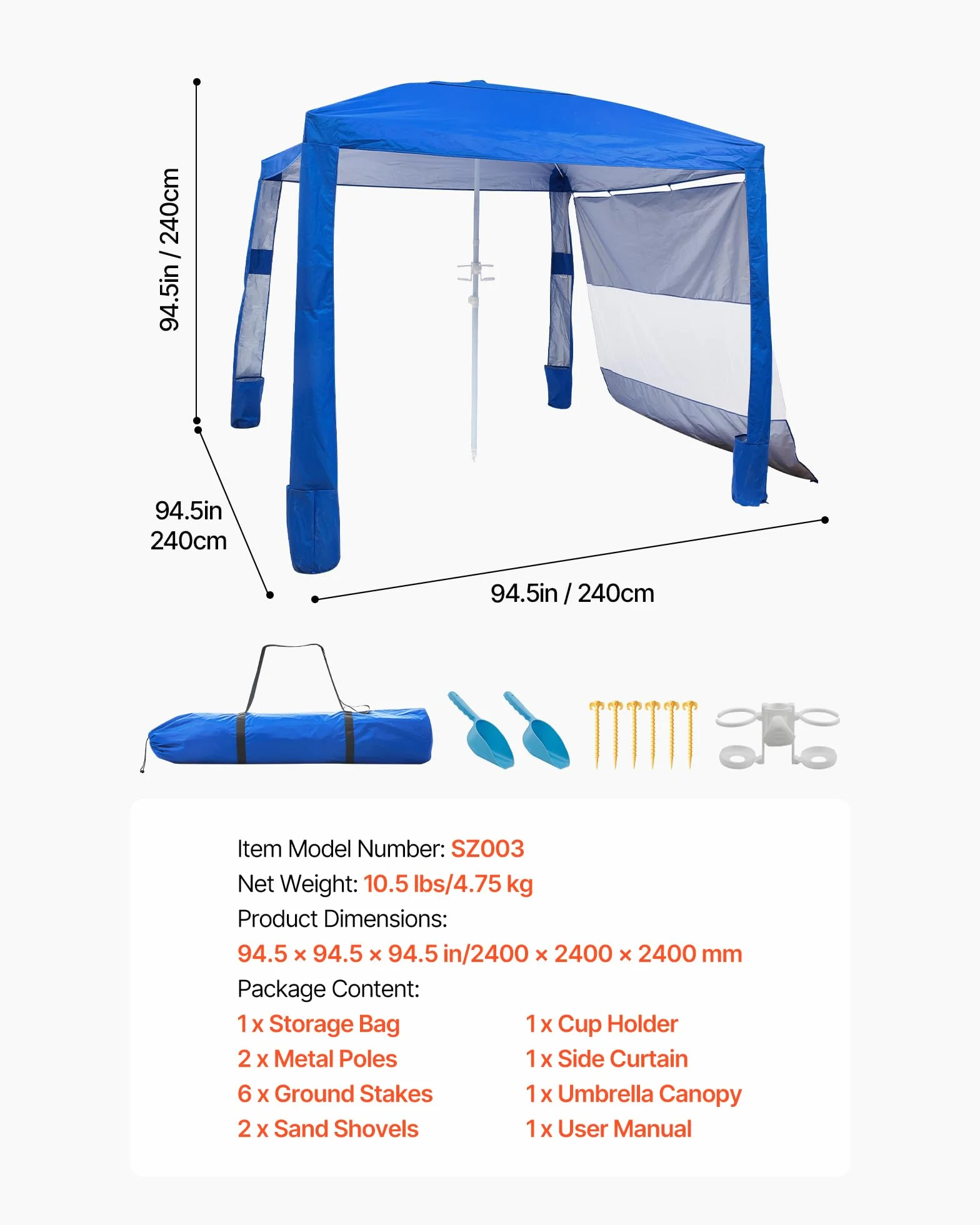VEVOR Parasole da Spiaggia Portatile 2400 x 2400 x 2400 mm con Parete Laterale e Tasche per la Sabbia, Facile da Montare, Ombrellone Parasole Portatile Regolabile in Altezza per Famiglia, Blu