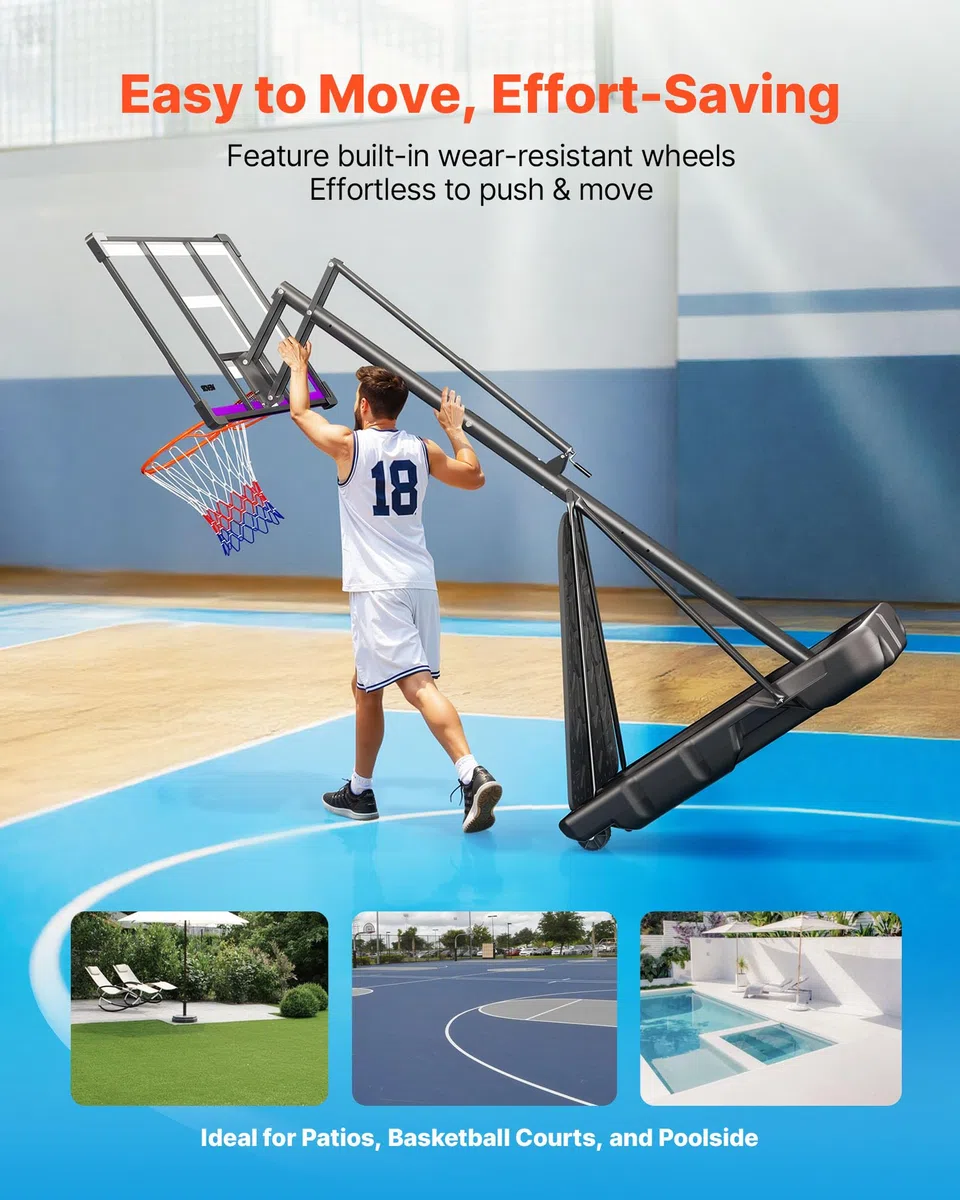 VEVOR Canestro da Basket Portatile, Altezza Massima 3,05 m, Regolabile Manualmente, Sistema da Basket con Tabellone in PC da 1219,2 mm, Set di Tabelloni per Sistema da Basket per Cortili, Scuole