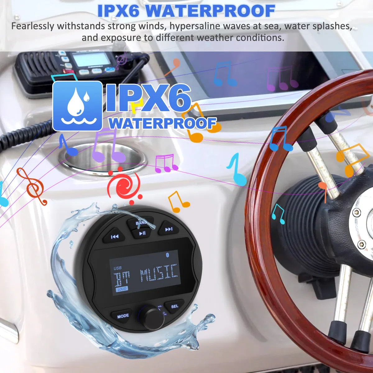MP3 Ricevitore Stereo marino con funzione Radio digitale AM/FM, USB BT & IPX6 impermeabile per natante e uso professionale