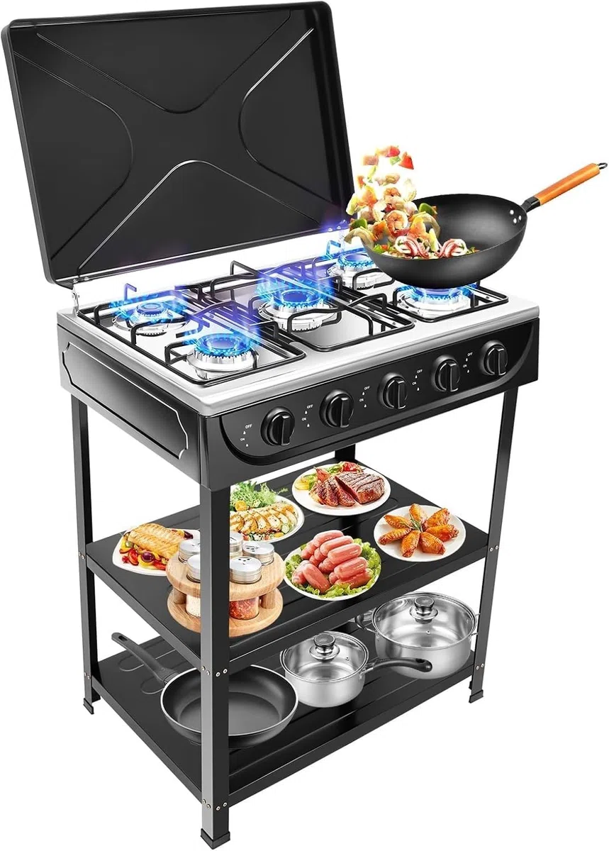 Piano cottura a Gas GPL 5 Fuochi da Esterno Cucinotto Portatile in Acciaio con 5 Bruciatori Potenti Piano Cottura con Paravento e Piedini per Attività all'Aperto Campeggio
